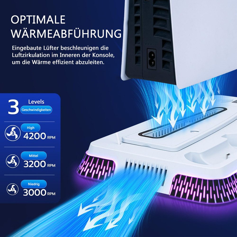 TUWENA PS5/PS5 Slim/PS5 Pro Kühler Standfuß mit Dual Controller Ladegerät Gaming-Controller