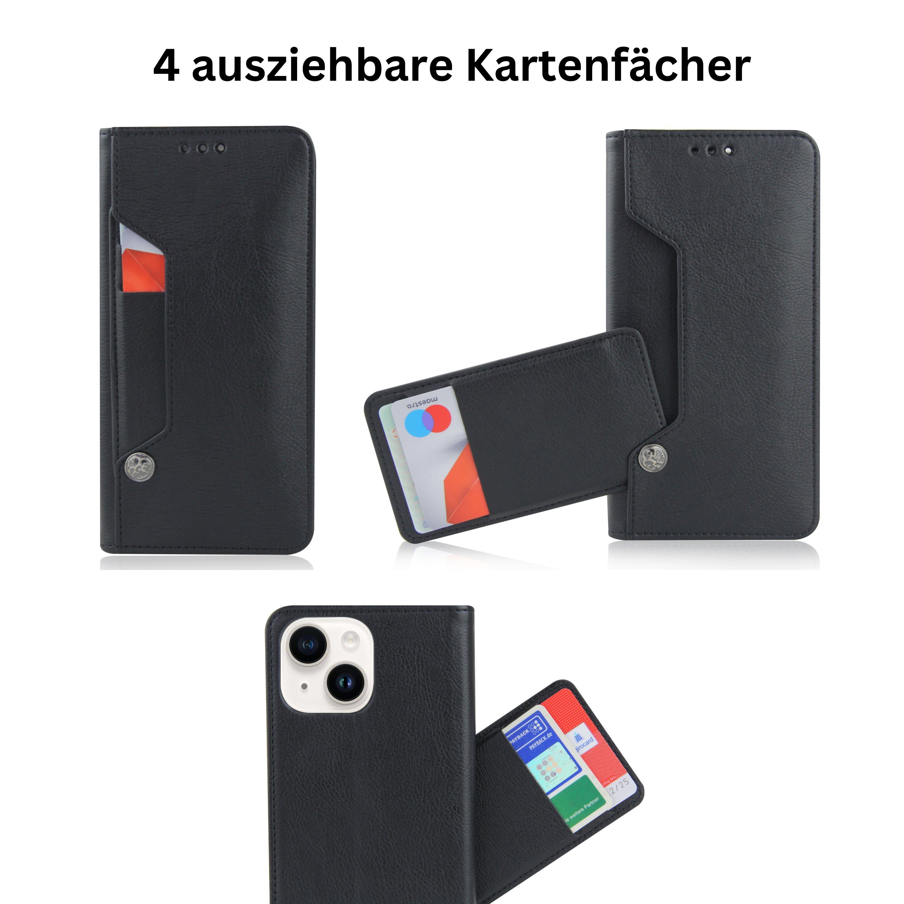 Frentree Handyhülle aus echtem Leder für iPhone 12, 13, 14, Magnetverschluss mit 4 Kartenfächern & 2 Sichtfenstern, Handy-Ständer