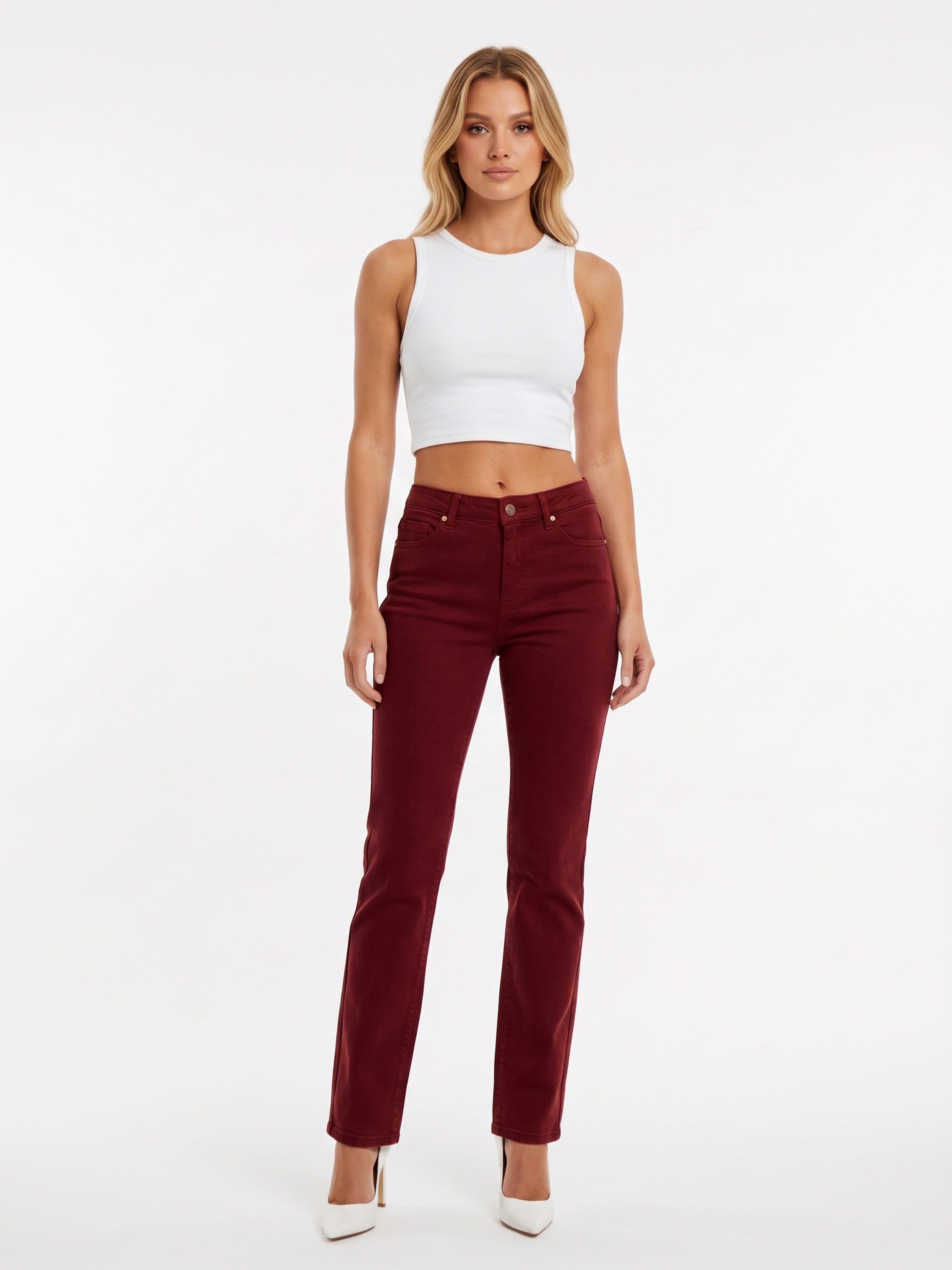ESRA Stoffhose Damen Straight Fit Hose High Waist Business-Hose bis Große Größe T101 High Waist Damen Stoffhose Straight Leg Stretch Hose Gerade Schnitt