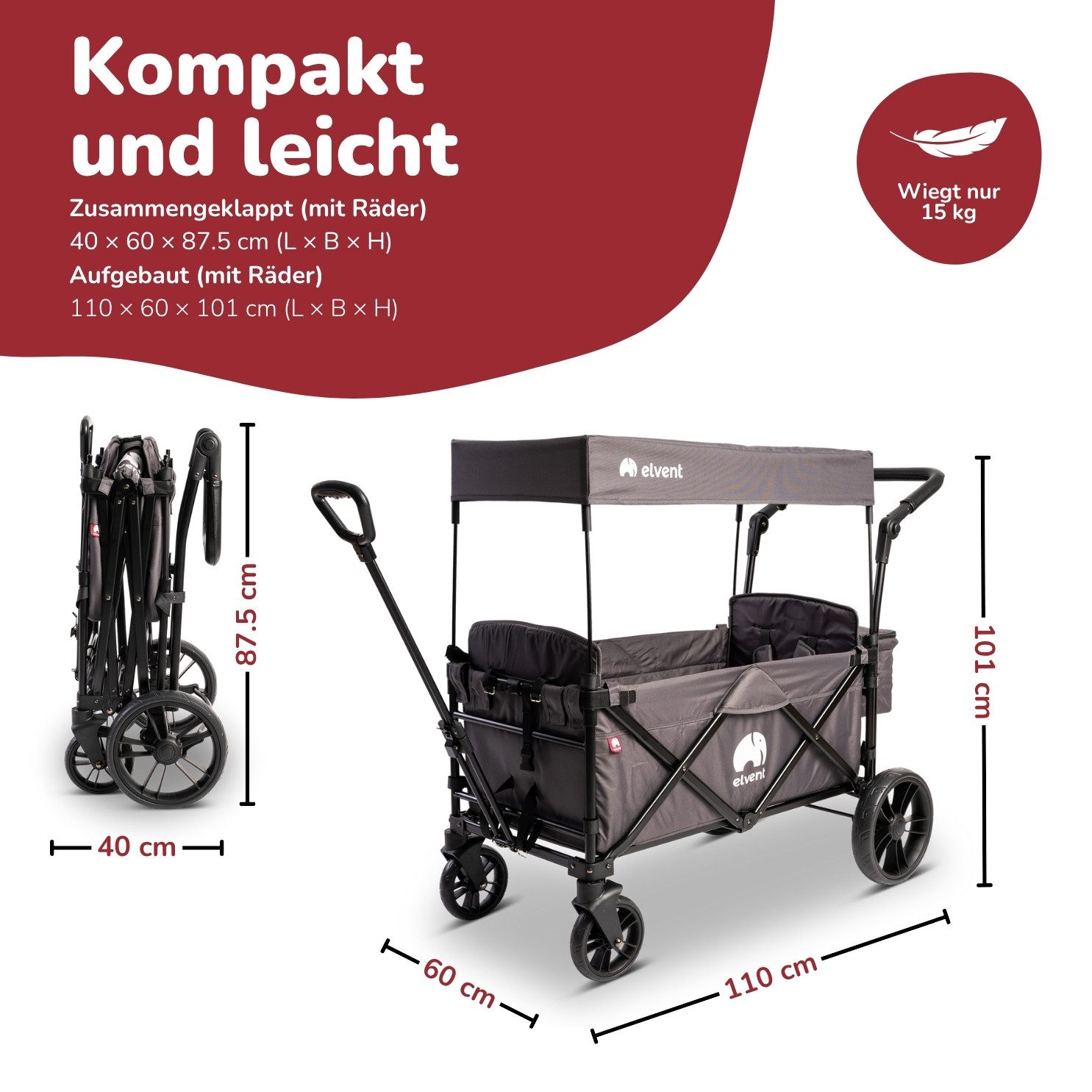 elvent Bollerwagen SmartCruiser City, Kompakt faltbar, Für 1-2 Kinder, Ideal für Familienausflüge