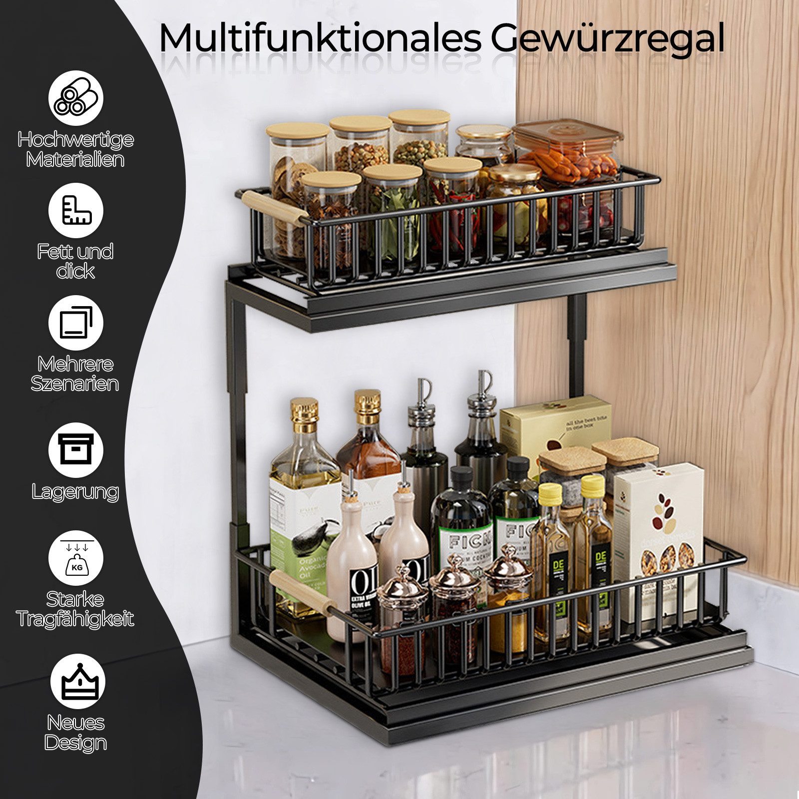 Rhein Beleuchtung Küchenorganizer-Set L-Design Küchenunterschrank Organizer Regal Weiß, 2-stufig, (Set, 1-tlg., Küchen Organizer & Küchenregal für Bad/Küche – kompakt & robust), Ausziehbarer Schrank Organizer – ohne Bohren & flexibel verstellbar