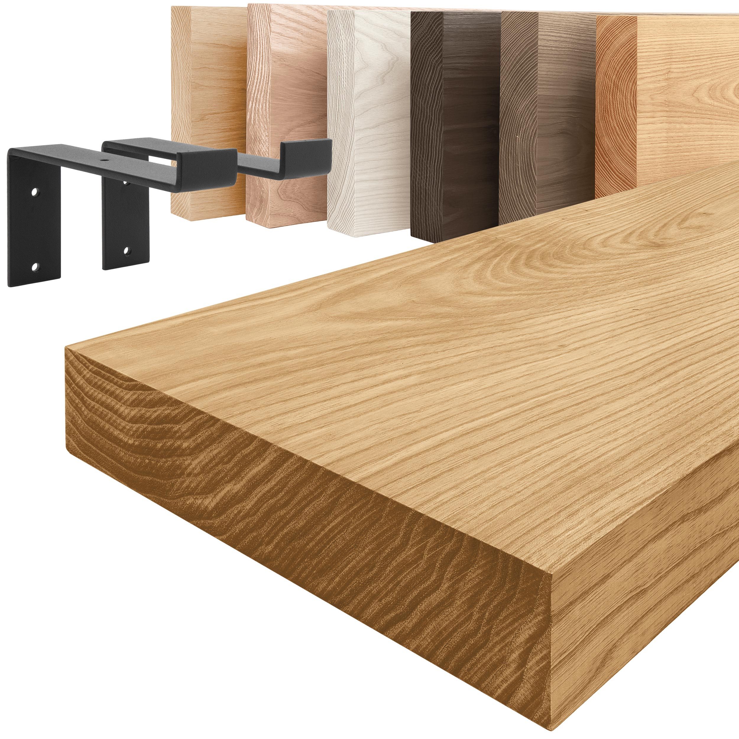 LAMO Manufaktur Wandregal Holz Gerade Regal Farbe: Rustikal mit schwarzem Original 40 cm, Komplett-Set, 40mm stake Massivholzplatte