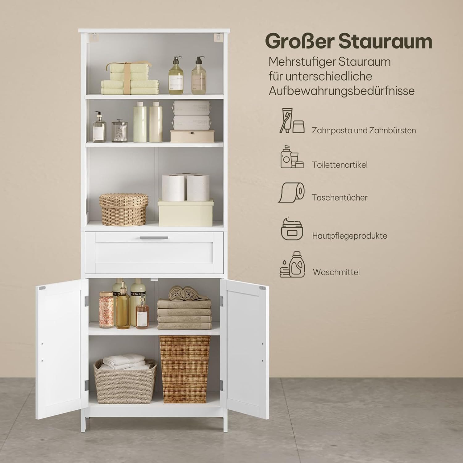 EUGAD Hochschrank (1-St) mit 2 Türen, 3 offenem Ebenen und 1 Schublade, Mehrzweckschrank – Bild 4 von 5