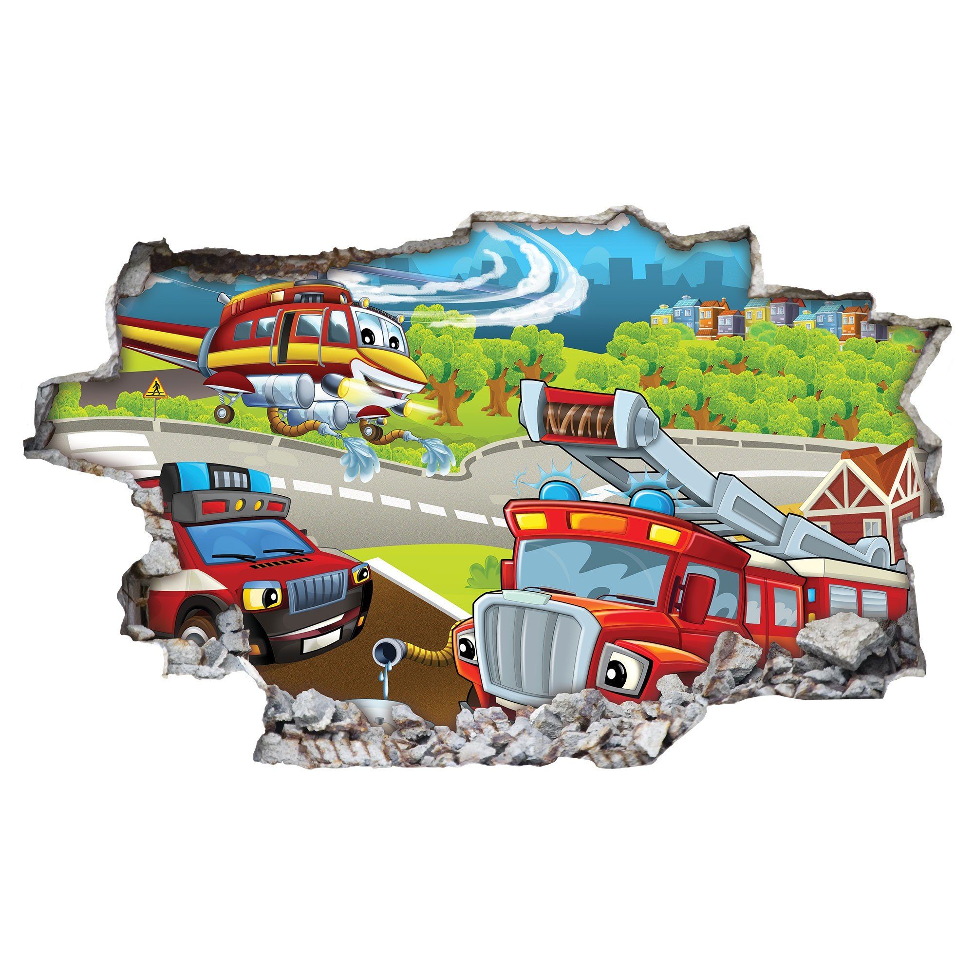GRAVURZEILE Wandtattoo im Feuerwehr Design - Kinderzimmer -Wandsticker Wandaufkleber - (3D Wanddurchbruch & Deko, - Größe 115 x 70 cm), - V1