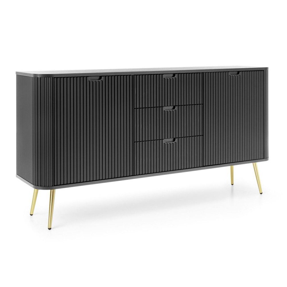 Lomadox Sideboard ZARA-160, in schwarz Rillen gerillt Füße gold Türen Schubladen 168x87x39 cm