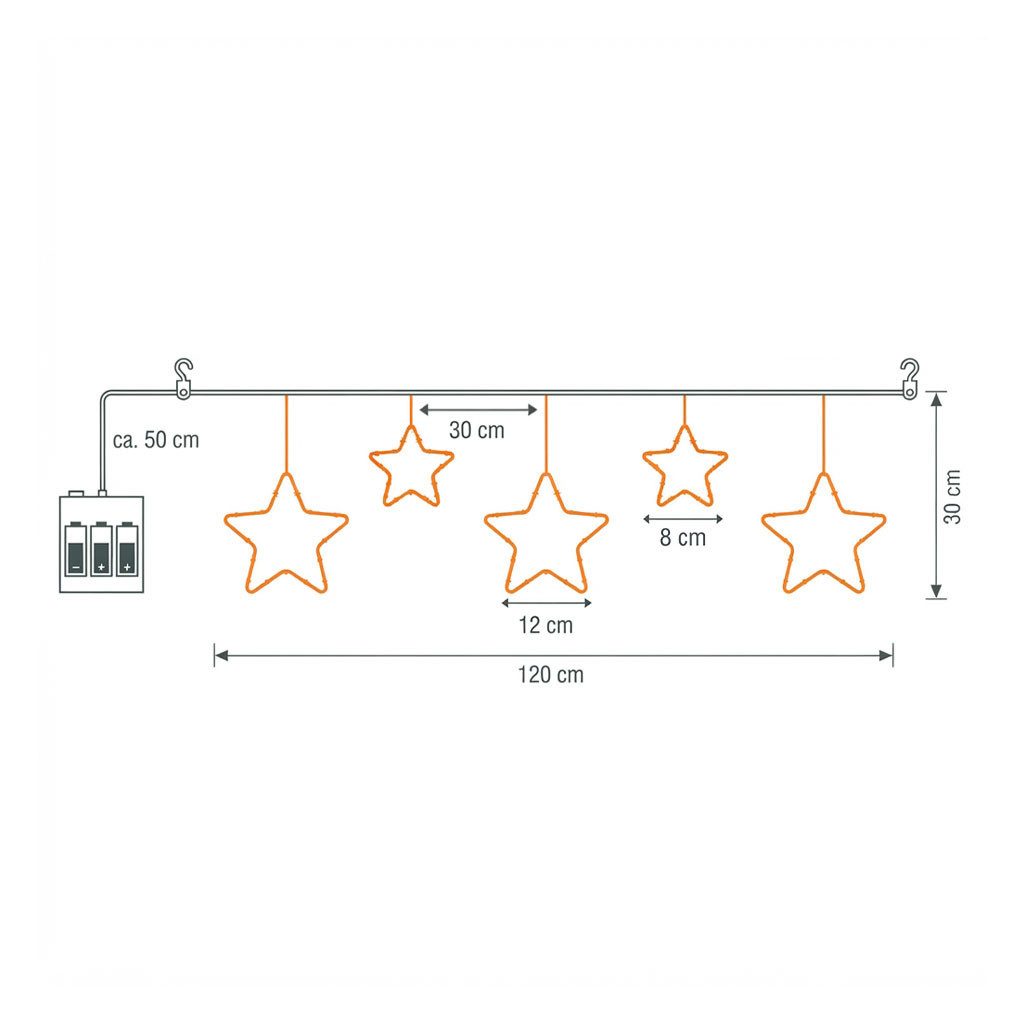 Spetebo LED-Lichtervorhang LED Lichtervorhang mit 5 Metall Sternen warm weiß, 5-flammig, 120 cm Länge - Weihnachten Fenster Beleuchtung mit Timer Batterie – Bild 4 von 5