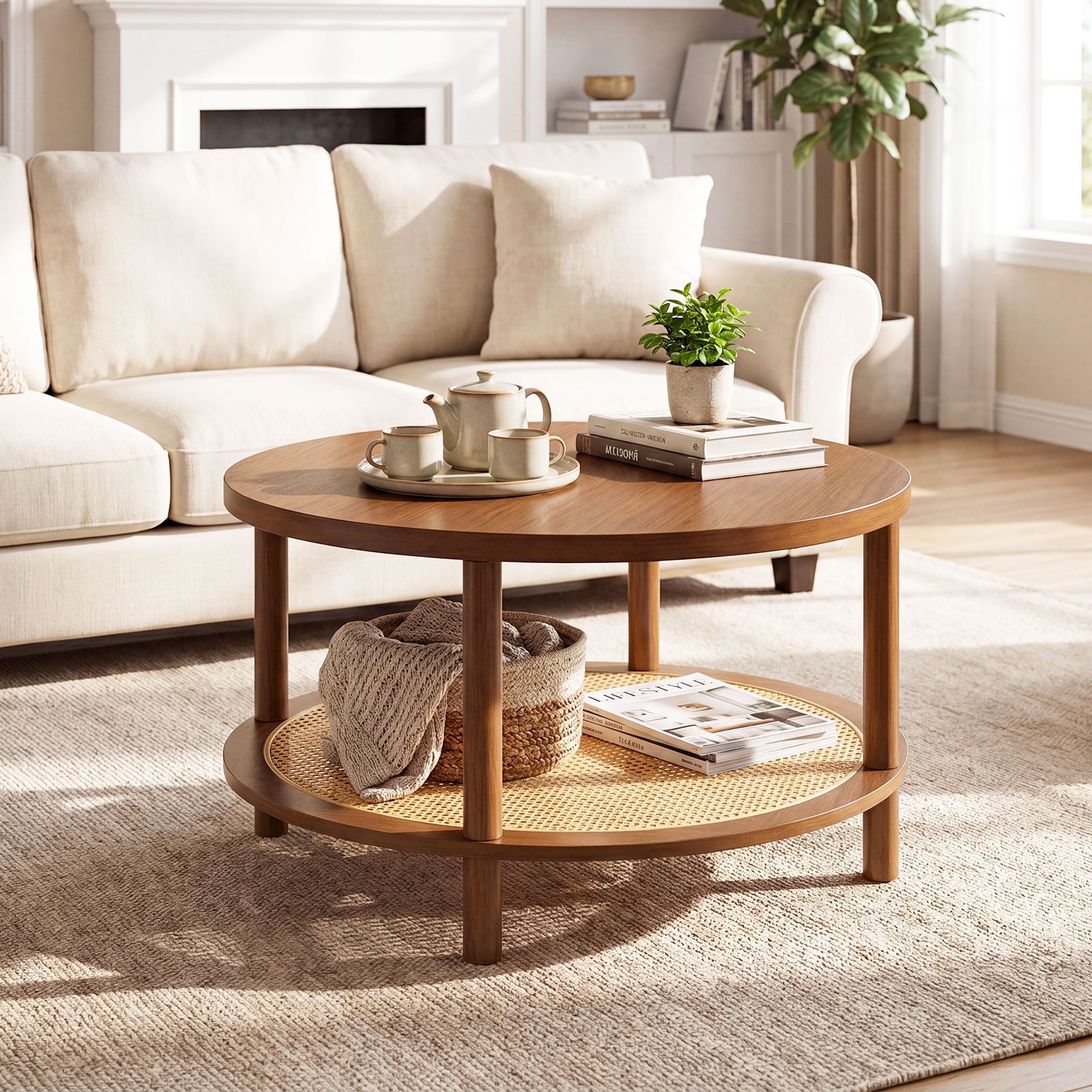 COSTWAY Couchtisch, rund Wohnzimmertisch Holz mit Rattan-Ablage 80x80x45cm