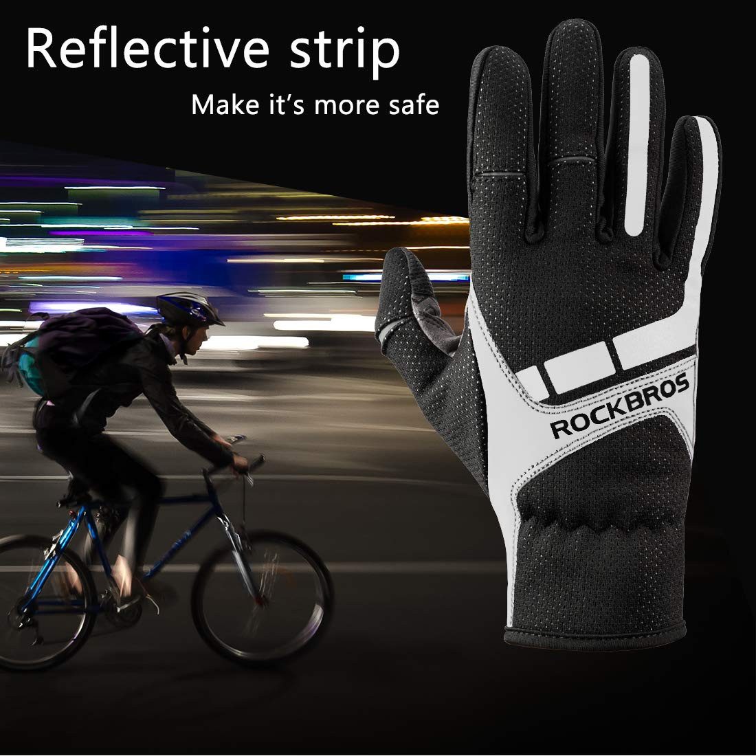 ROCKBROS Fahrradhandschuhe Winterhandschuhe mit Polarfleece, Touchscreen & Reflektierende TOUCHSCREEN-KOMPATIBLE FINGERSPITZEN