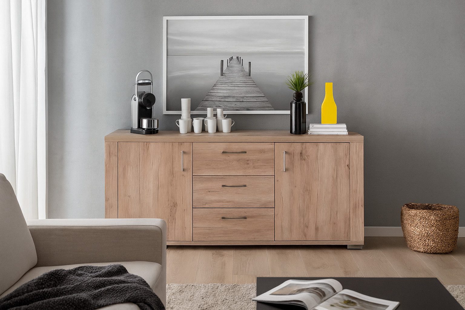 Mäusbacher Sideboard 2 Türen, 3 Schübe, in sanremo hell - 192x87x45 (BxHxT)