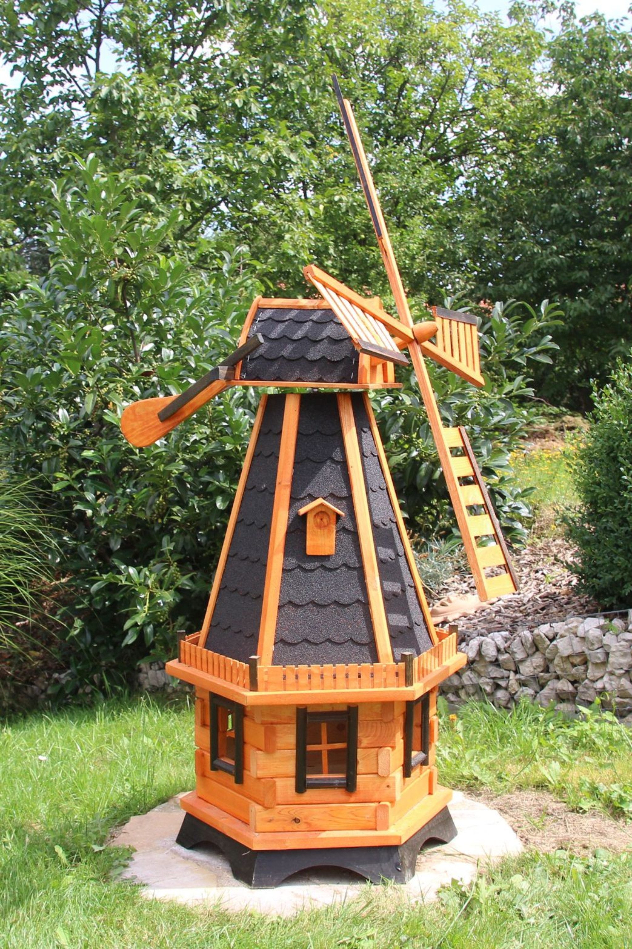 Holzdekoladen Deko-Windrad 6-eckige Gartenwindmühle aus Holz mit weißen Solarlicht & Flügel