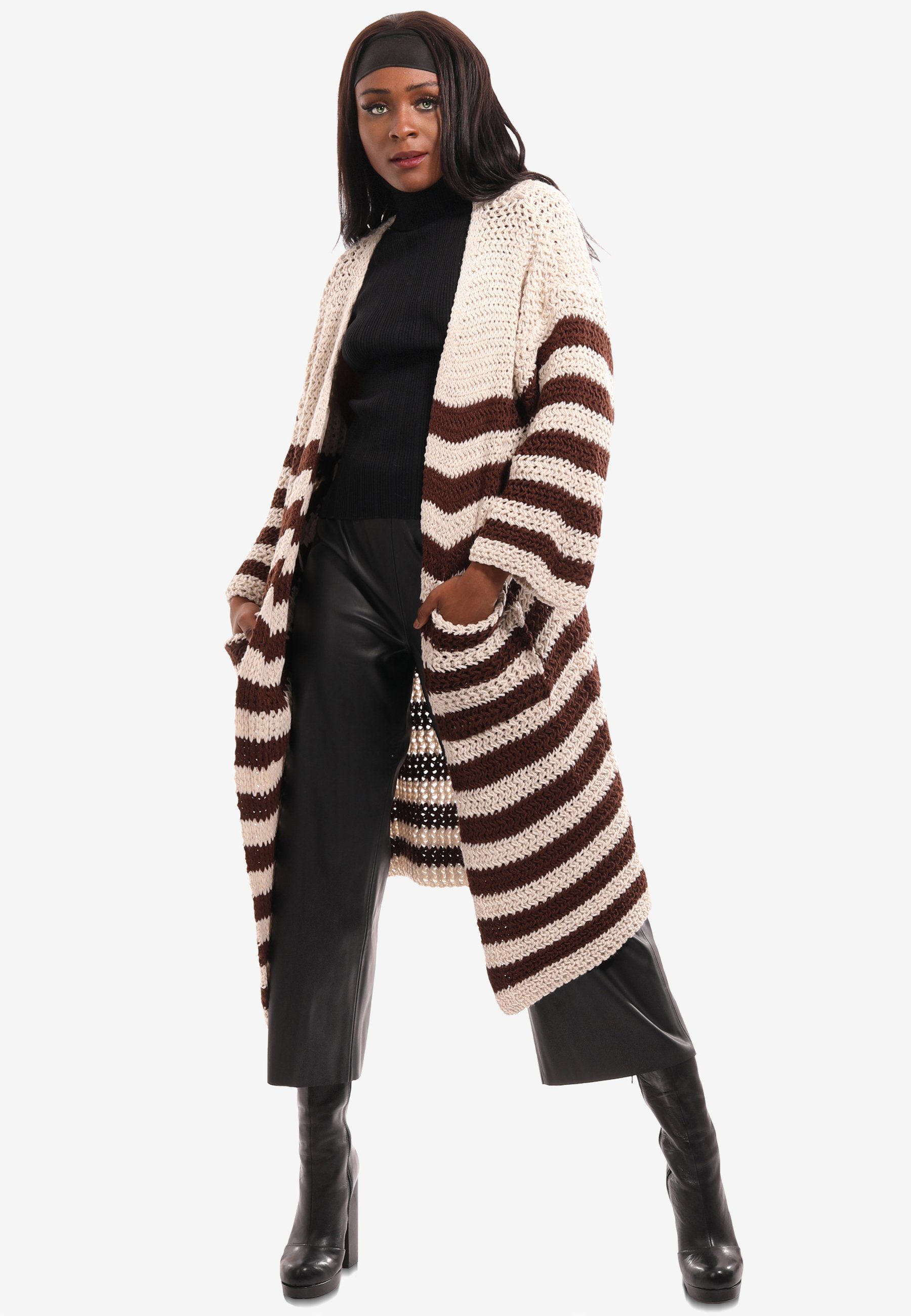 YC Fashion & in XXL-Einschubtaschen mit Style "Striped braun Unifarbe Cardigan (1-tlg) Comfort"