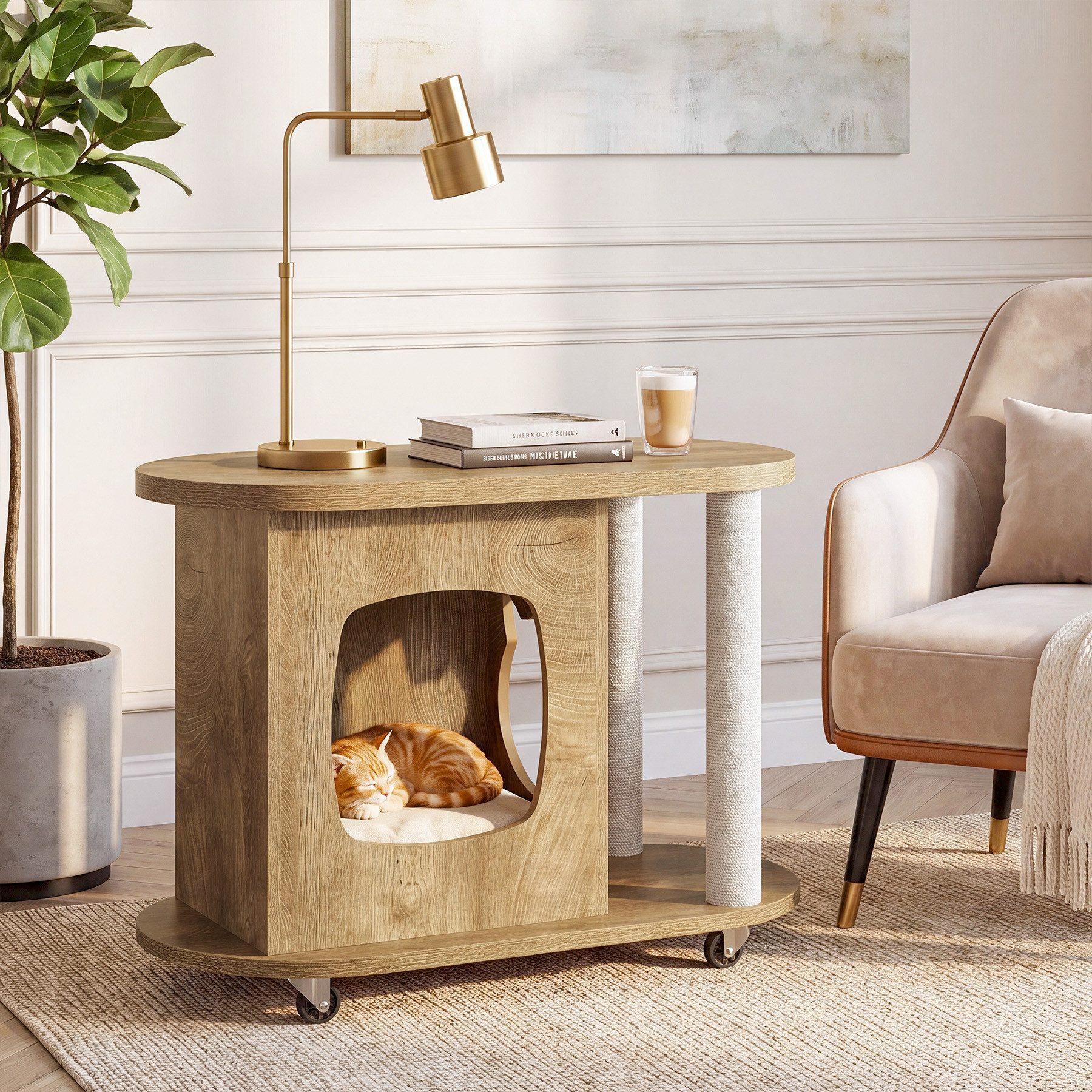 Tribesigns Beistelltisch mit Kratzbaum und Katzenbett, Katzenhaus mit 360° drehbaren Rollen (multifunktionaler Beistelltisch aus Holz für Wohnungskatzen, Wohnzi – Bild 3 von 5