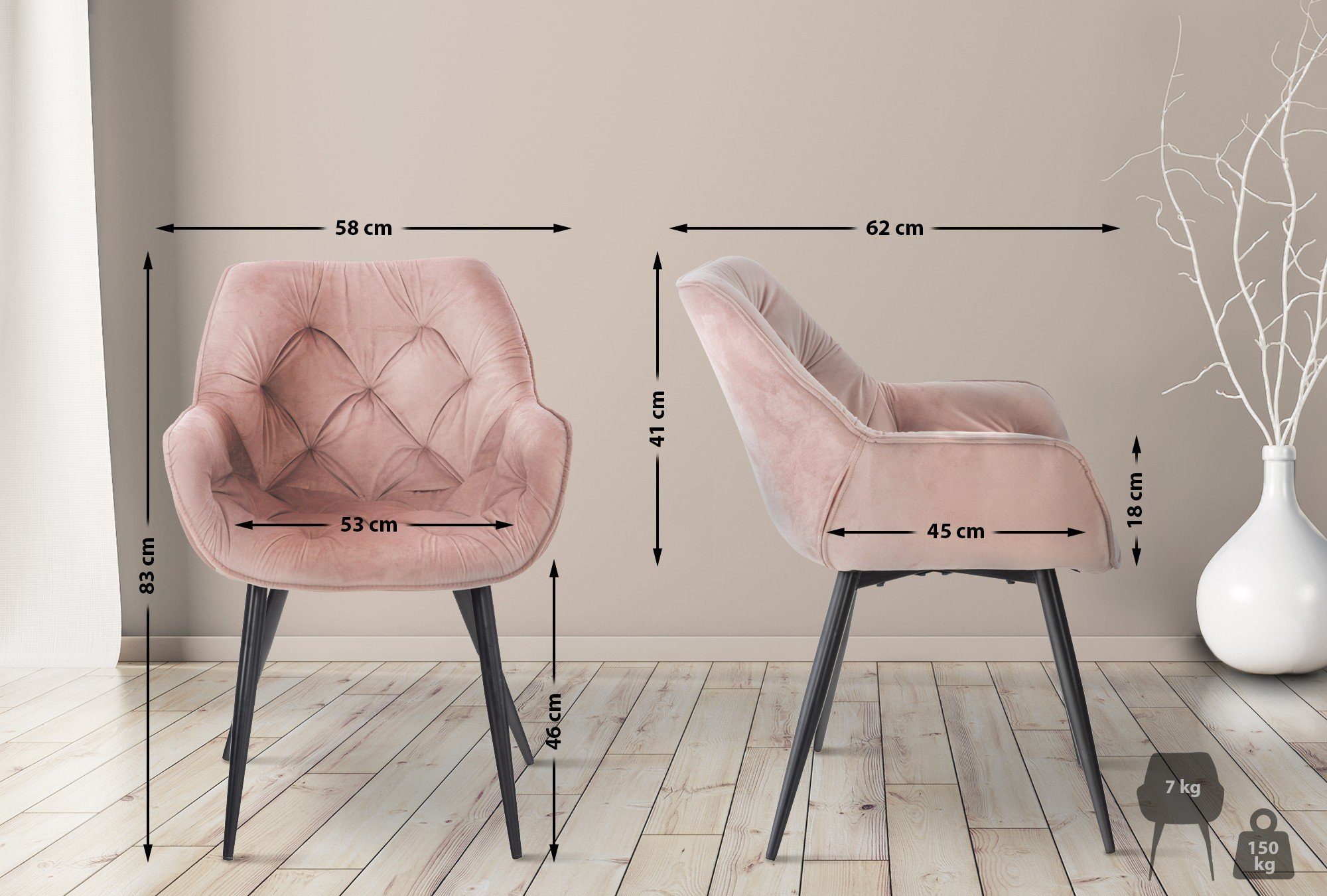 CLP Esszimmerstuhl Tanna 4-Fuß-Stuhl, Metallgestell Samt, Armlehnen, pink