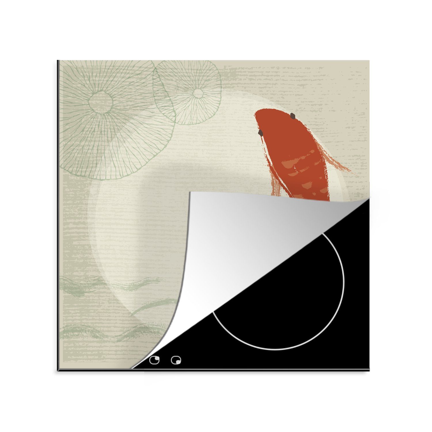 eines 78x78 MuchoWow Arbeitsplatte tlg), (1 Vinyl, Illustration küche für Herdblende-/Abdeckplatte Eine Fisches, Ceranfeldabdeckung, orangefarbenen cm,