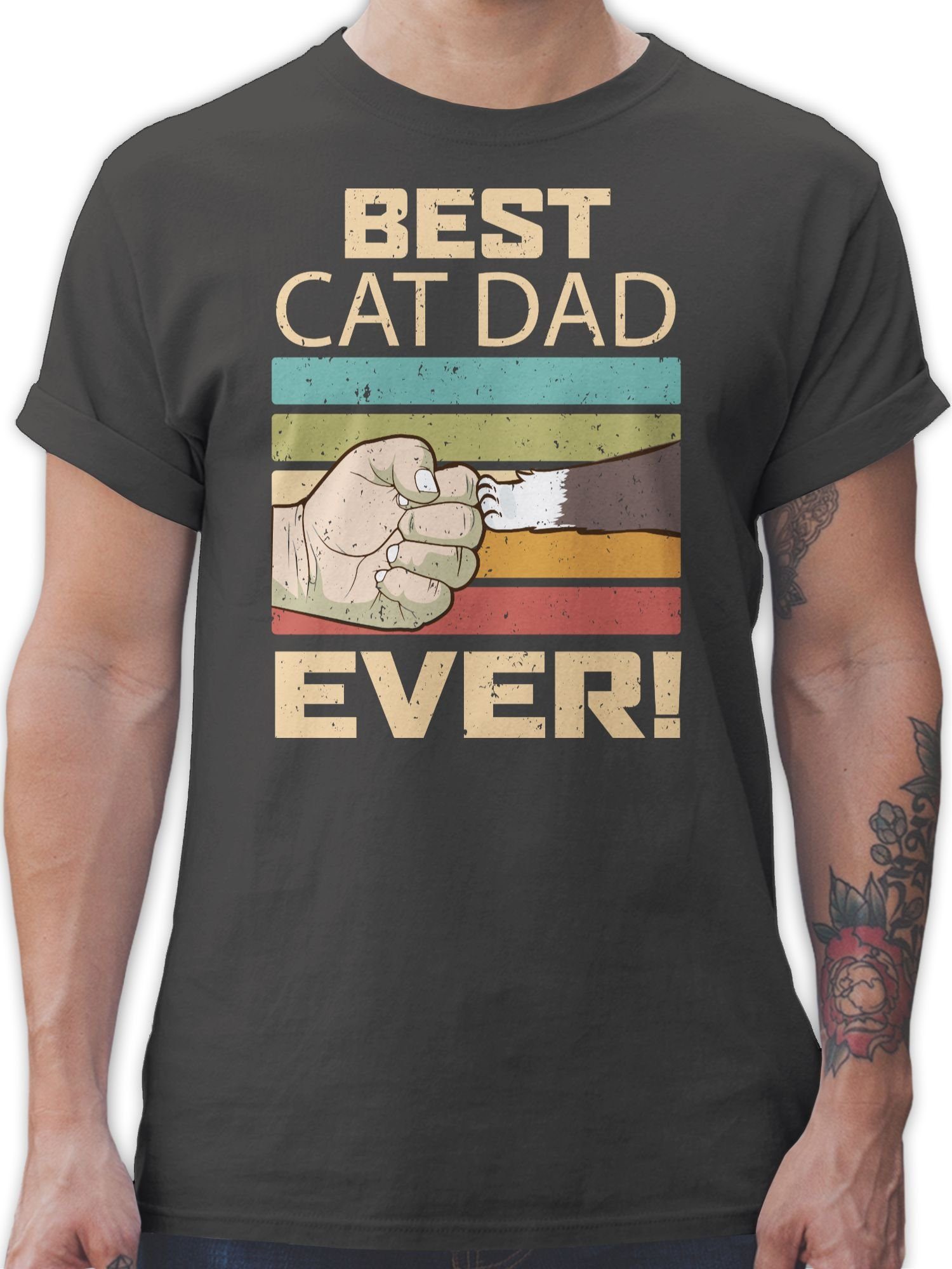 Shirtracer T-Shirt Best Cat Dad Ever - Vintage beige Katzenbesitzer Geschenk 02 Dunkelgrau