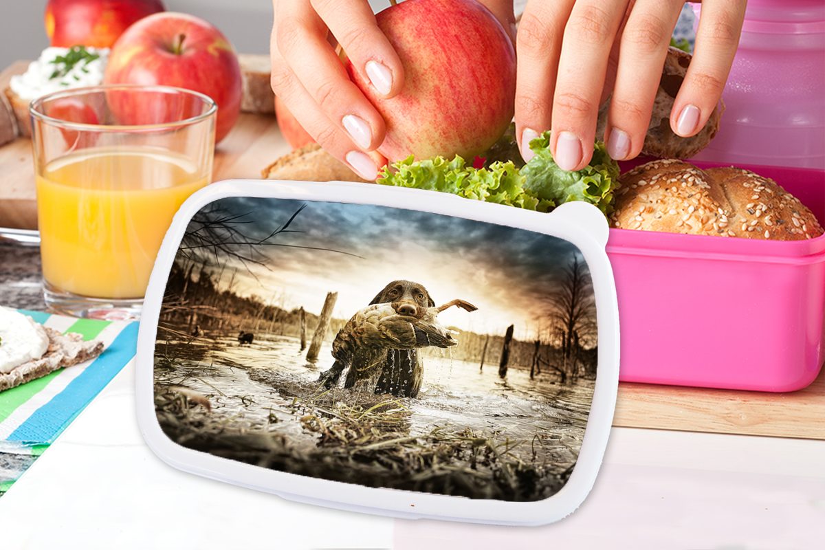 (2-tlg), seine vollendet Brotdose einer für Mädchen, Ente Hund Erwachsene, Lunchbox mit MuchoWow Kinder, Maul, rosa Brotbox Jagd Ein Kunststoff, Snackbox, im Kunststoff
