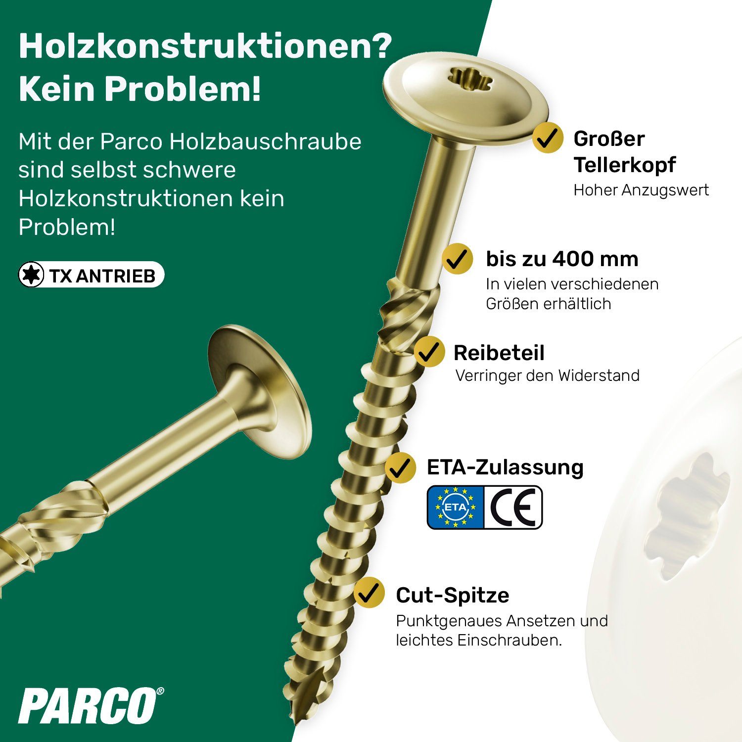 PARCO Holzbauschraube Tellerkopfschrauben Gelb-verzinkt 8x100mm & weitere -German Quality, (50 St., ETA-Zulassung), Holzbauschrauben, CUT-Spitze erleichtert das Einschrauben