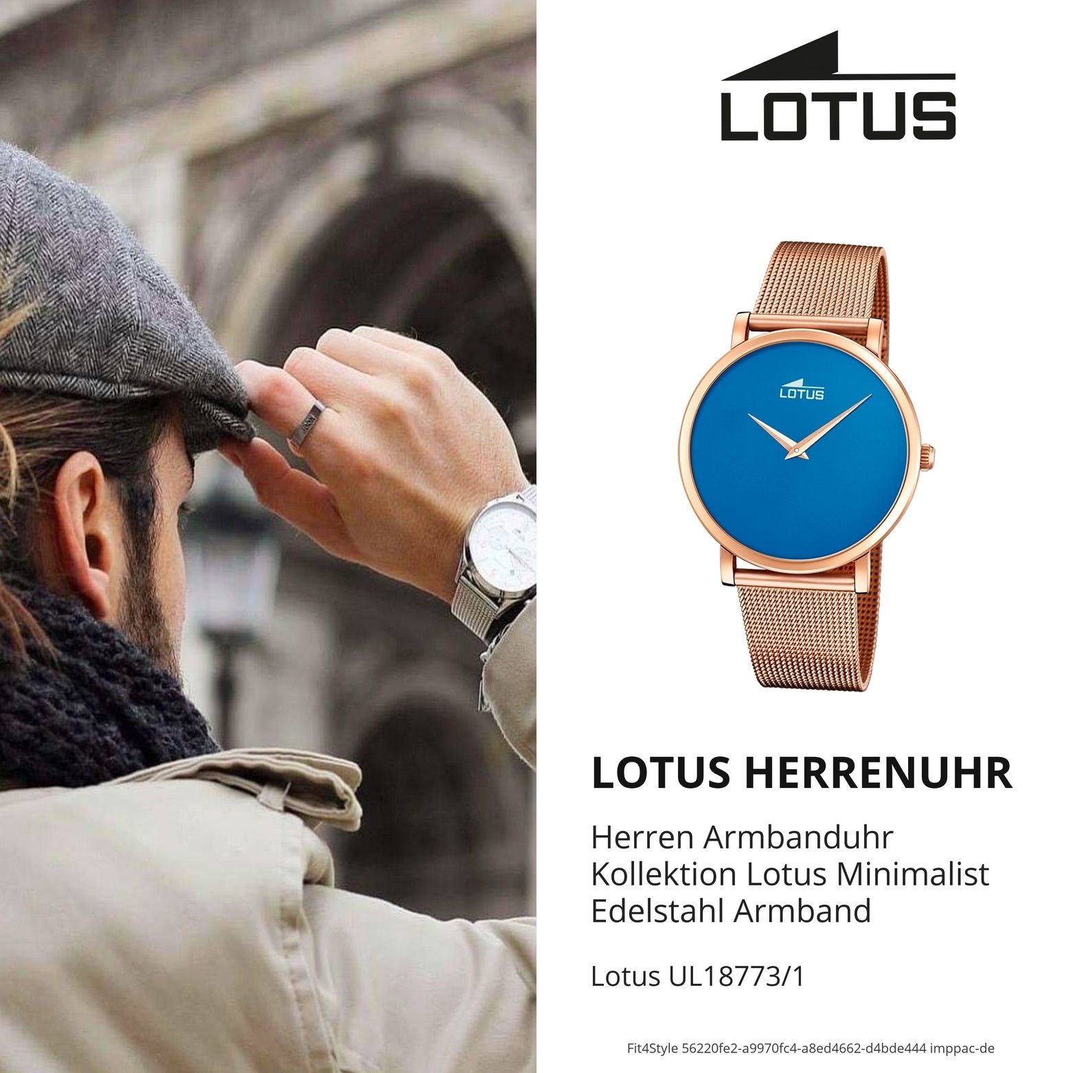 Lotus Quarzuhr (ca. rosegold Edelstahlarmband Herrenuhr Armbanduhr Lotus Minimalist, rund, 40mm) Herren groß