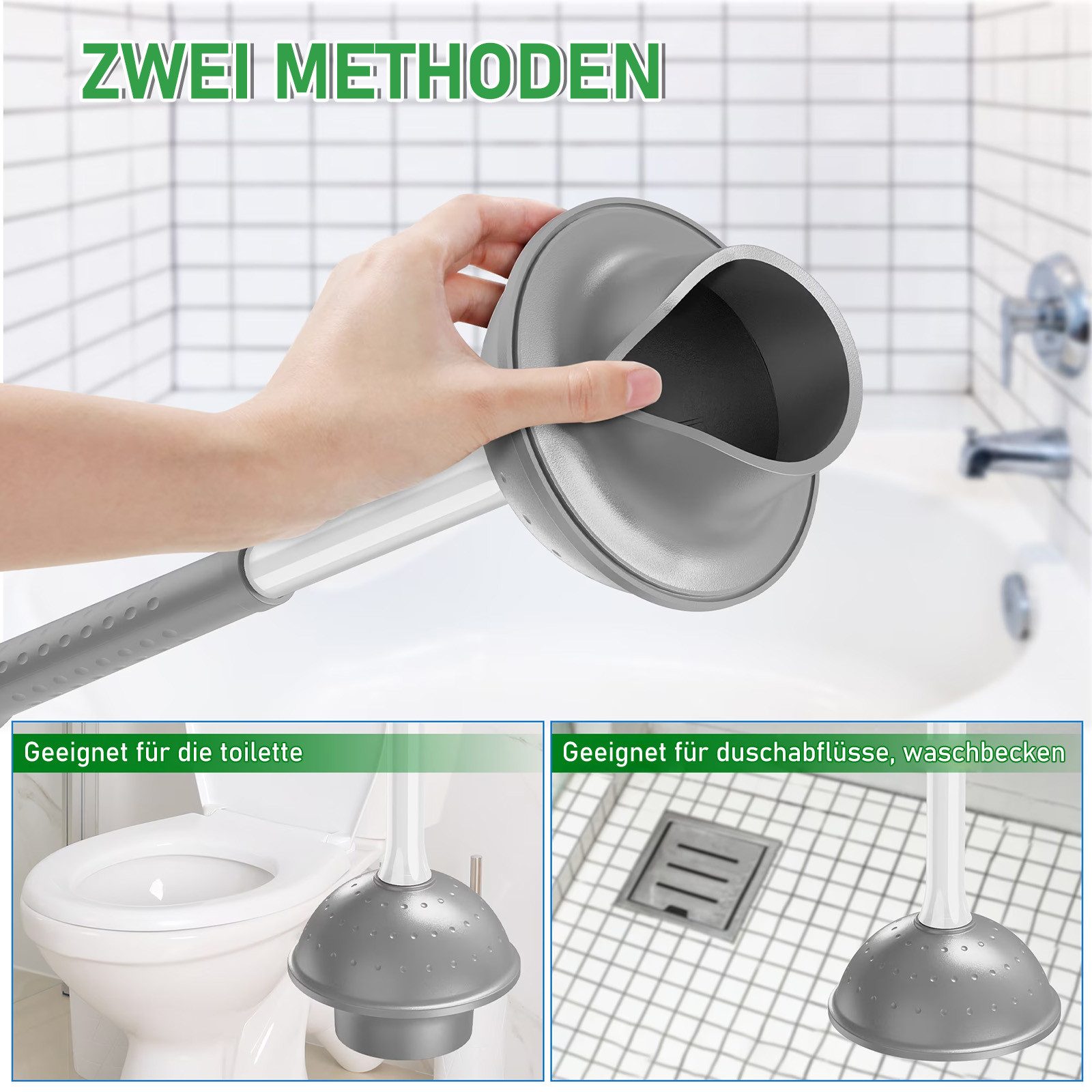 HUGERSTONE WC-Reinigungsbürste 2in1 Klobürste Set mit Toilettenbürste, Toilettenpömpel und Halterung, (Set, 3 tlg, WC Bürste und WC Saugglocke), Geeignet für Ab – Bild 4 von 5
