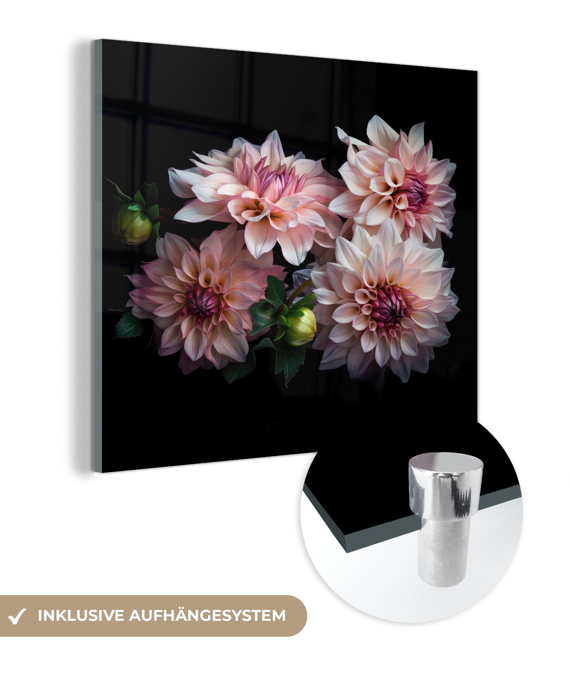 - MuchoWow (1 Rosa Acrylglasbild Wandbild Bilder - - Weiß auf St), Wanddekoration Glas Dahlie - Natur, Foto auf Glas - - Blumen Glasbilder -