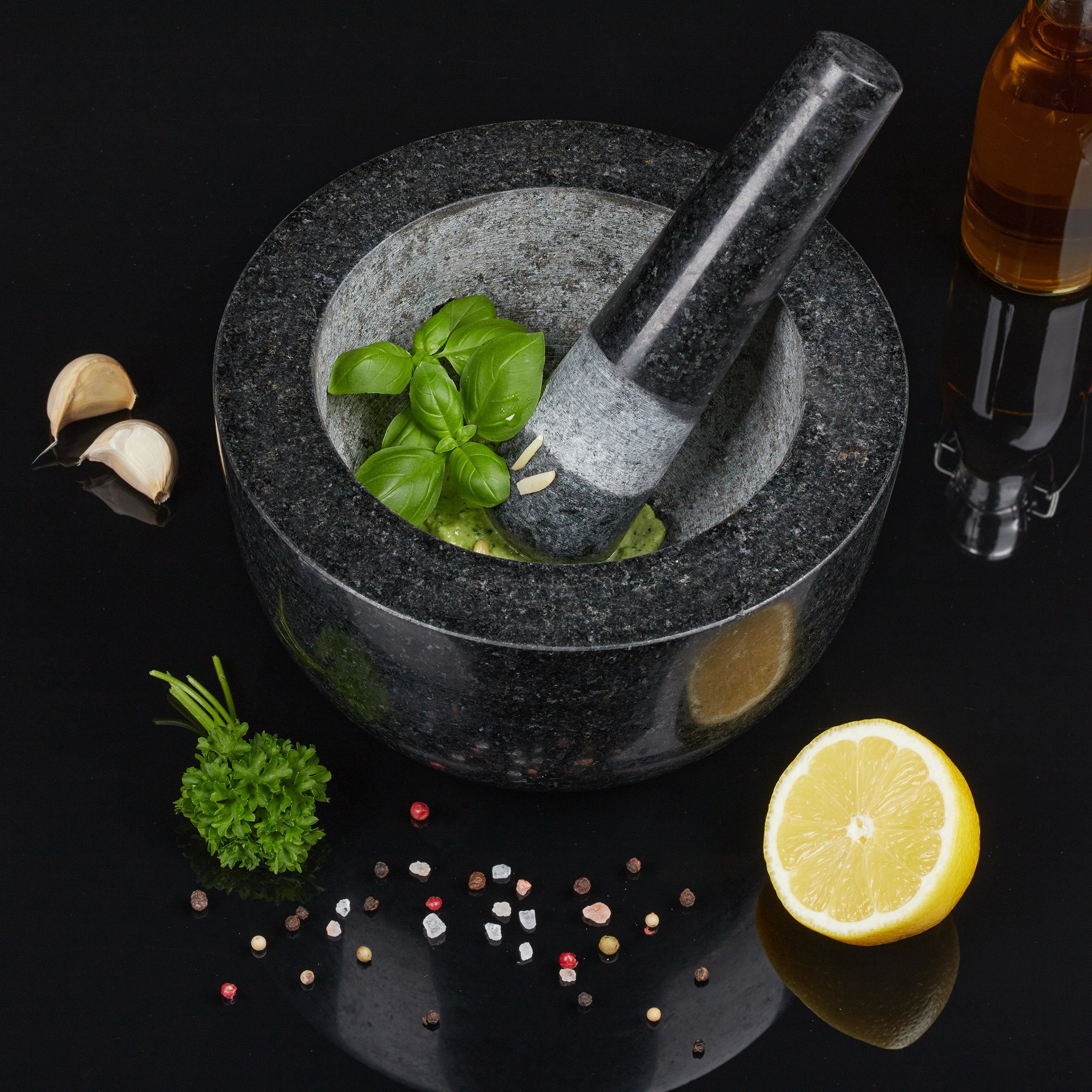 relaxdays Mörser Runder Mörser mit Stößel aus Granit