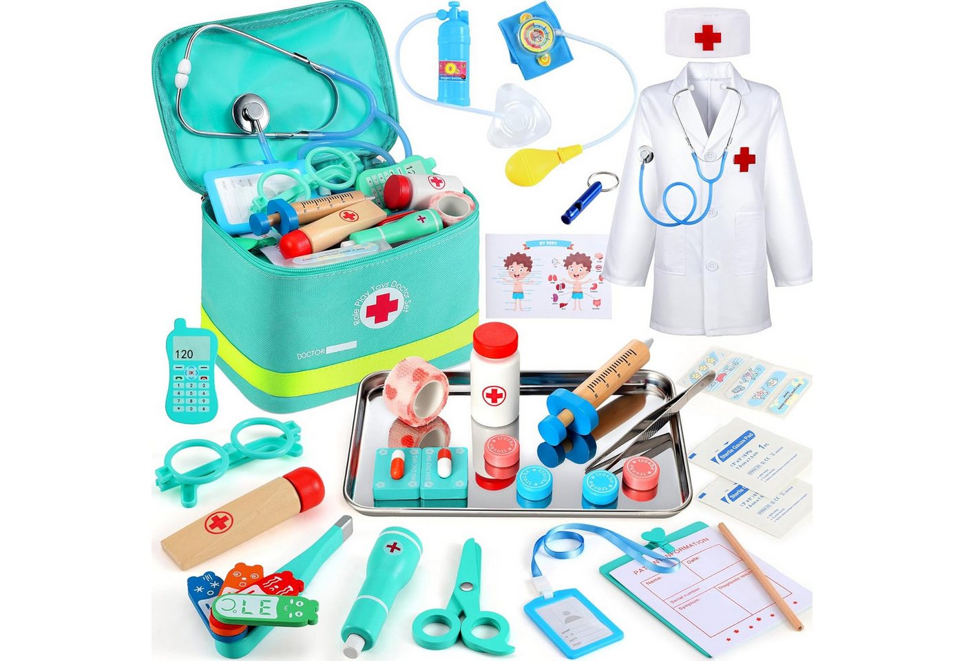 Ophy Spielzeug-Arztkoffer 39-teiliger Holz-Arztkoffer für Kinder ab 3–6 Jahren, (39-tlg., mit echtem Stethoskop, Arztkittel, Thermometer & tragbarer Tasche), ideales Rollenspiel-Geschenk