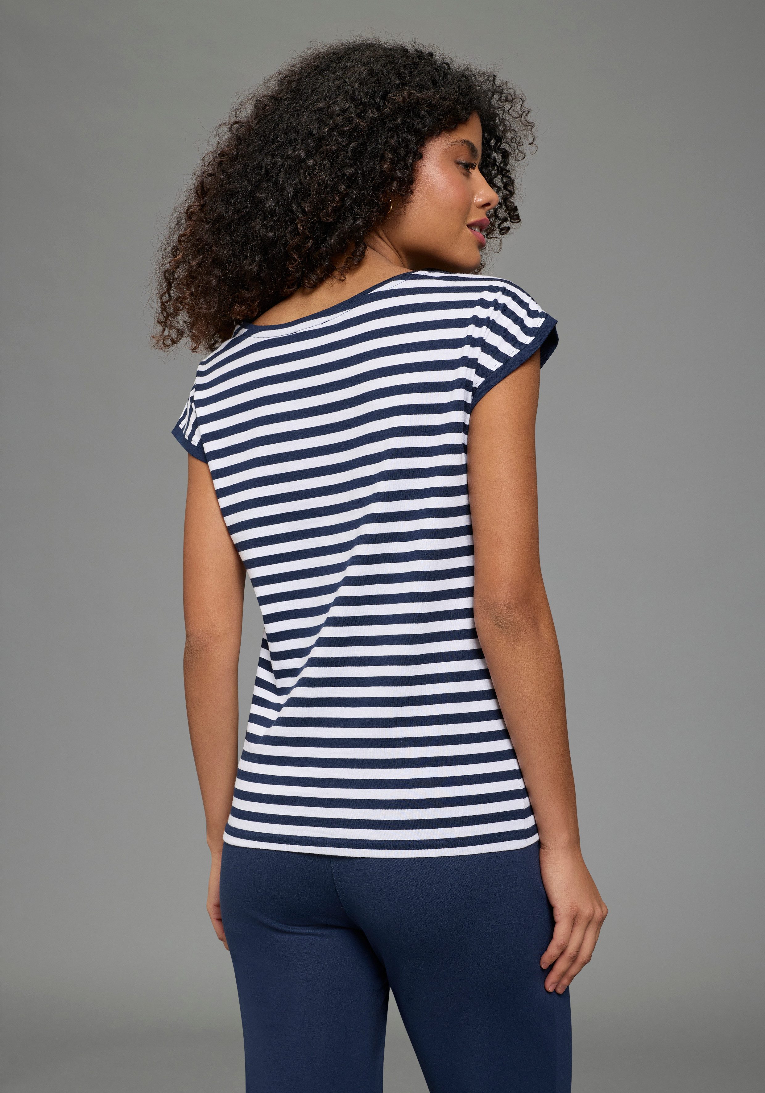 AJC Rundhalsshirt (2er-Pack) gestreift mit Stickerei und einfarbig mit sportlicher Blende