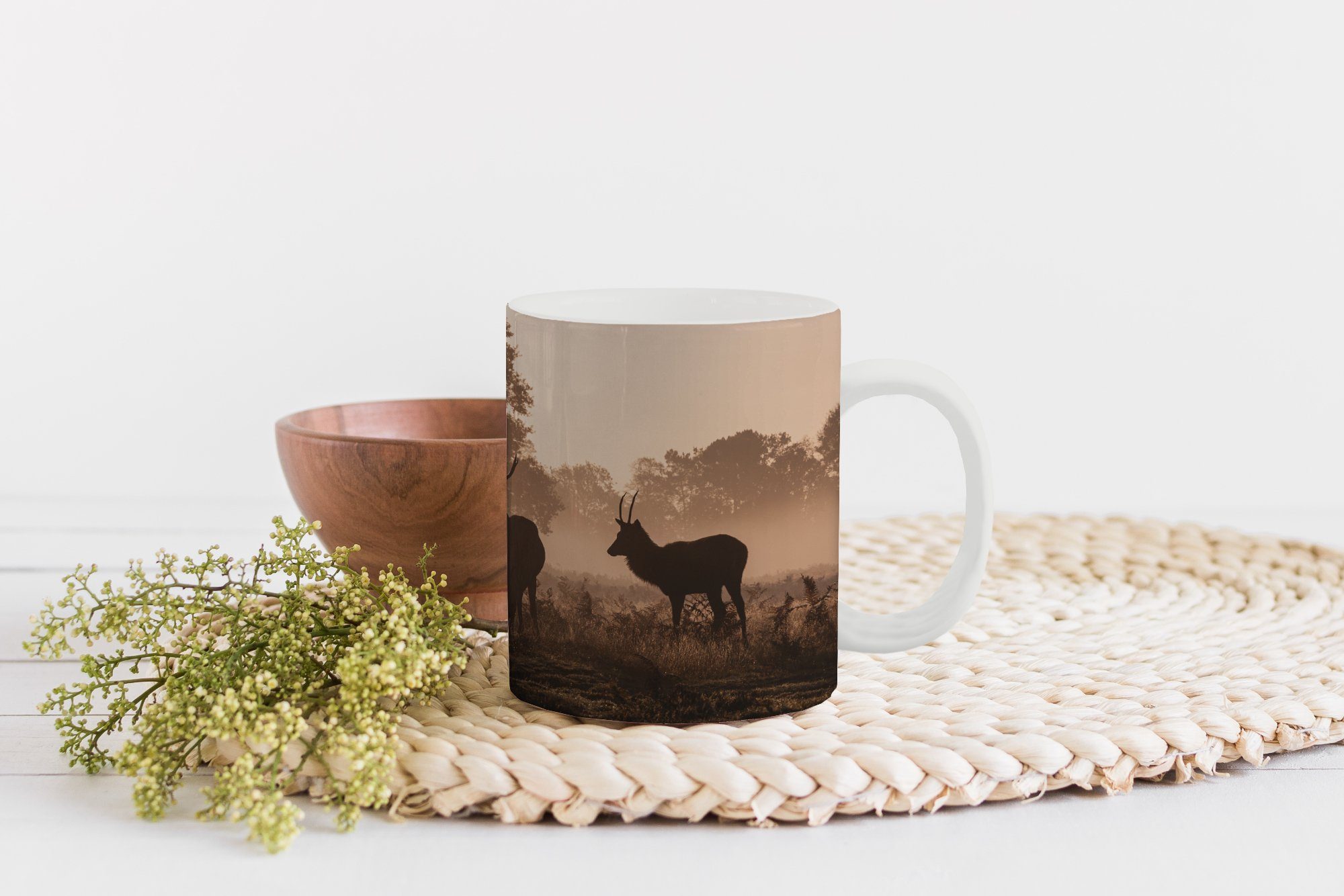 MuchoWow Hirsche Keramik, Wald, - Teetasse, Tasse Kaffeetassen, - Teetasse, Geschenk Becher, Nebel