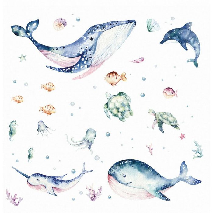 nikima Wandtattoo 205 Meerestiere Aquarell - Wal Delfin Schildkröten (PVC-Folie) in 6 vers. Größen
