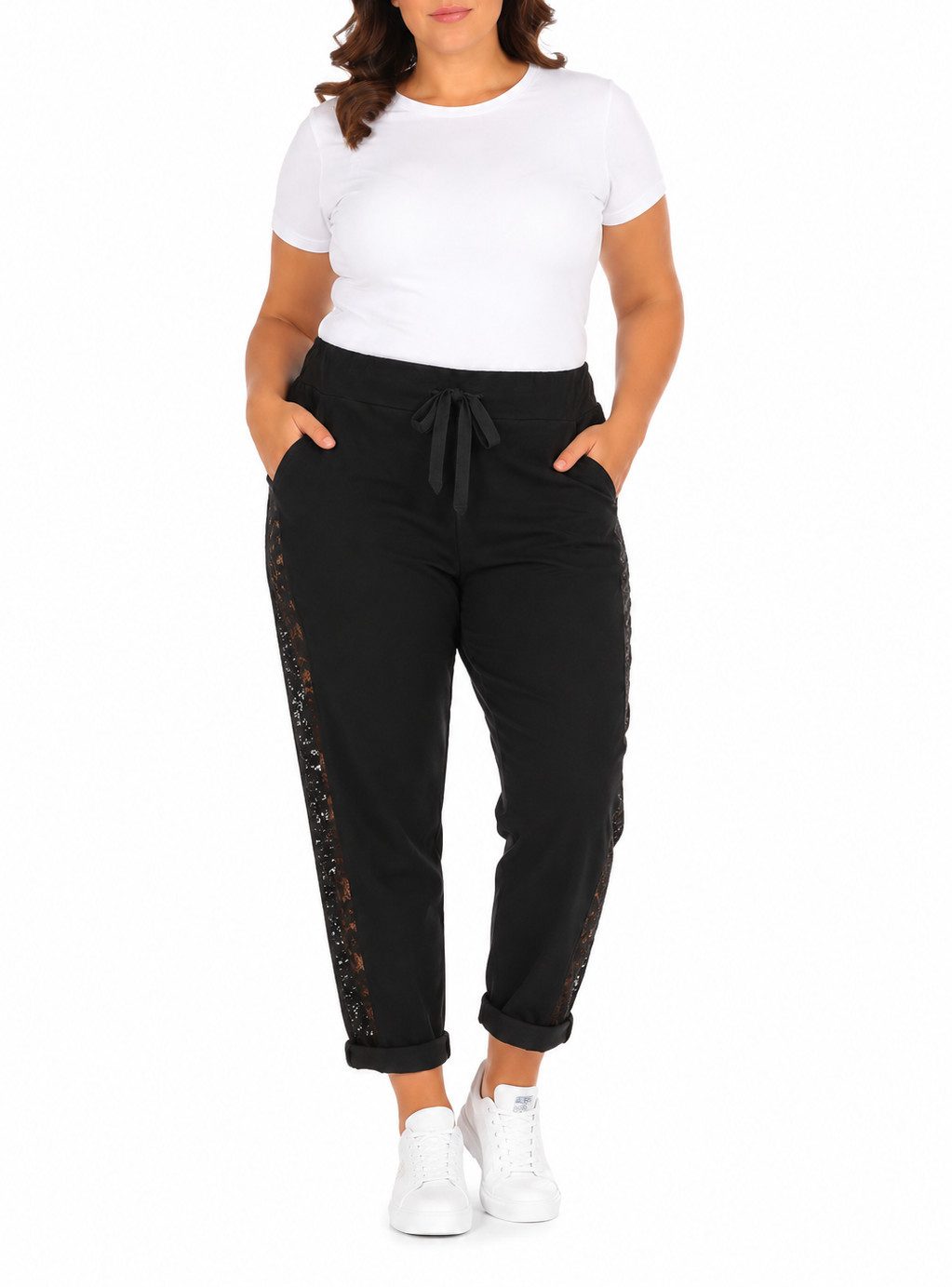Mississhop Boyfriend-Hose Damen-Hose mit Spitzendetail an der Seite– Baumwolle Gr. 38-50