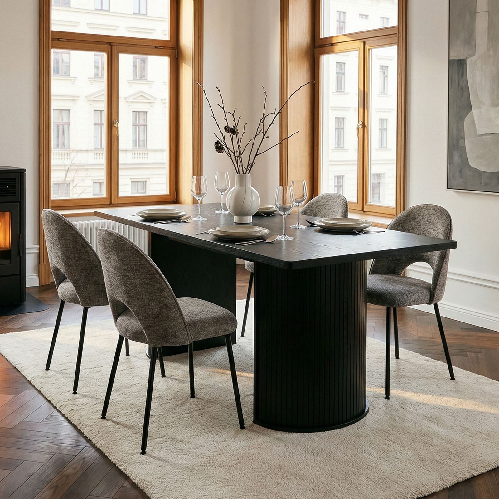 IDIMEX Essgruppe GUARDA, Essgruppe 4 Stühle und Esstisch Rillenoptik schwarz & grau