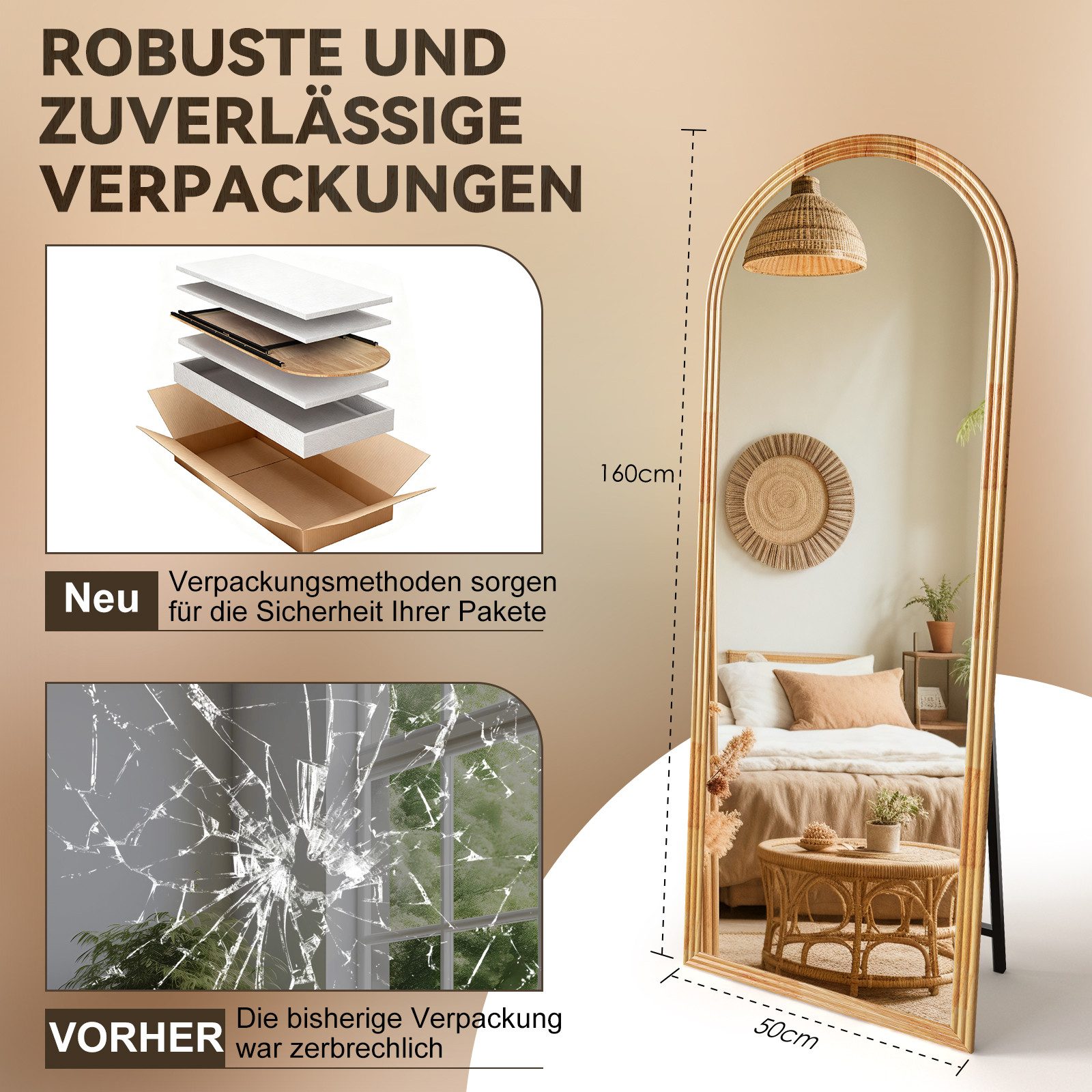 BBWL Ganzkörperspiegel 160 x 50 cm, Großer Standspiegel, mit stabilem Standfuß, Holzrahmen in Bogenform,HD Spiegelglas, stabiler Rahmen