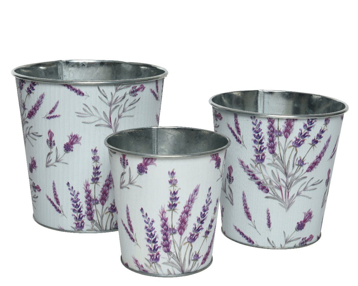 Decoris season decorations Blumentopf, Metalleimer mit Lavendel Motiv 10-14cm weiß / lila 3er Set