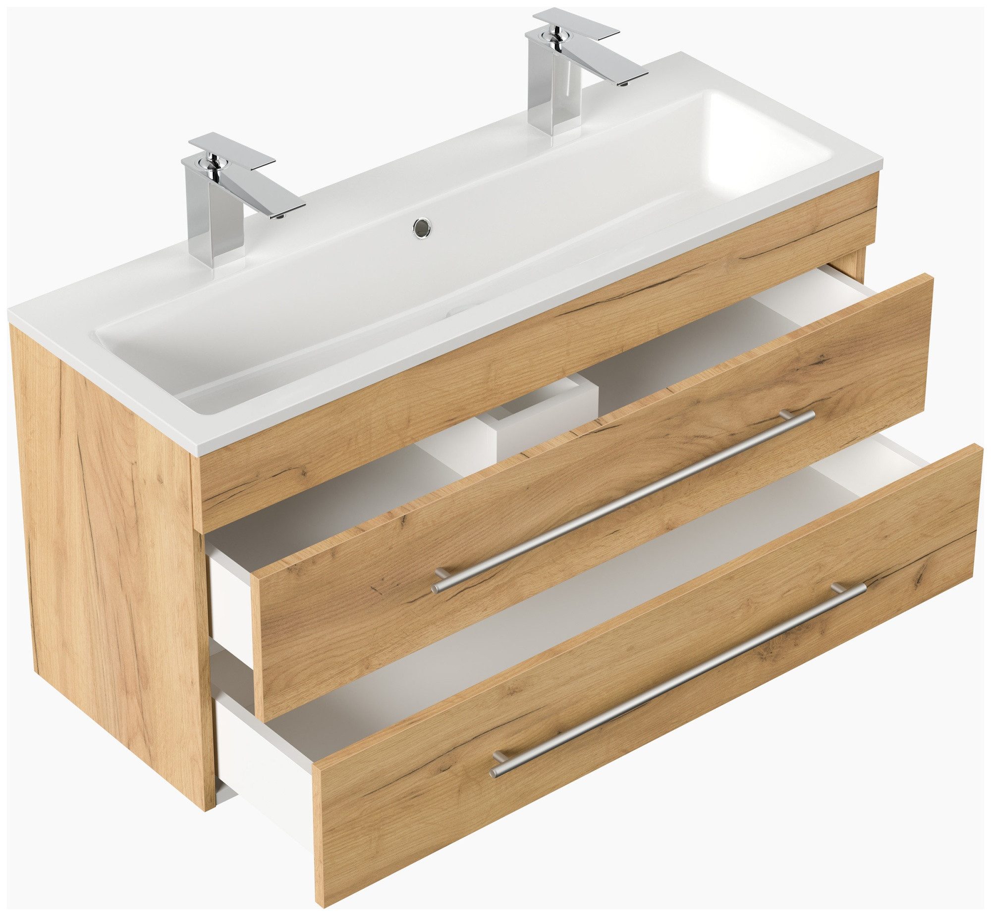 Magnolia Home Waschtisch Badmöbel Mars 1000 für 2 Hähne SoftClose Schubladen eiche gold