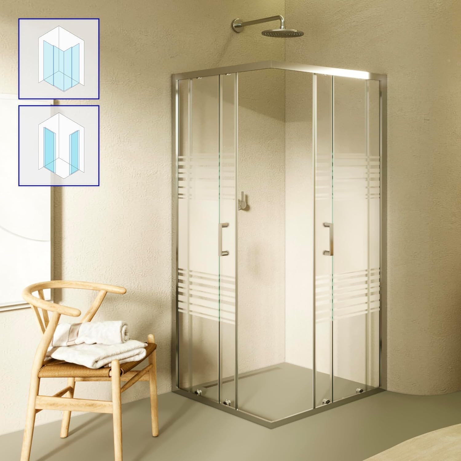 i-flair Eckdusche Schiebetür Duschkabine DIANA aus teilsatiniertem 6 mm ESG, BxT: 70x70 cm, Einscheibensicherheitsglas, ohne Duschtasse, mit hochwertigen Aluminiumprofilen in silber, ebenerdiger Einbau möglich, mit Schiebetüren