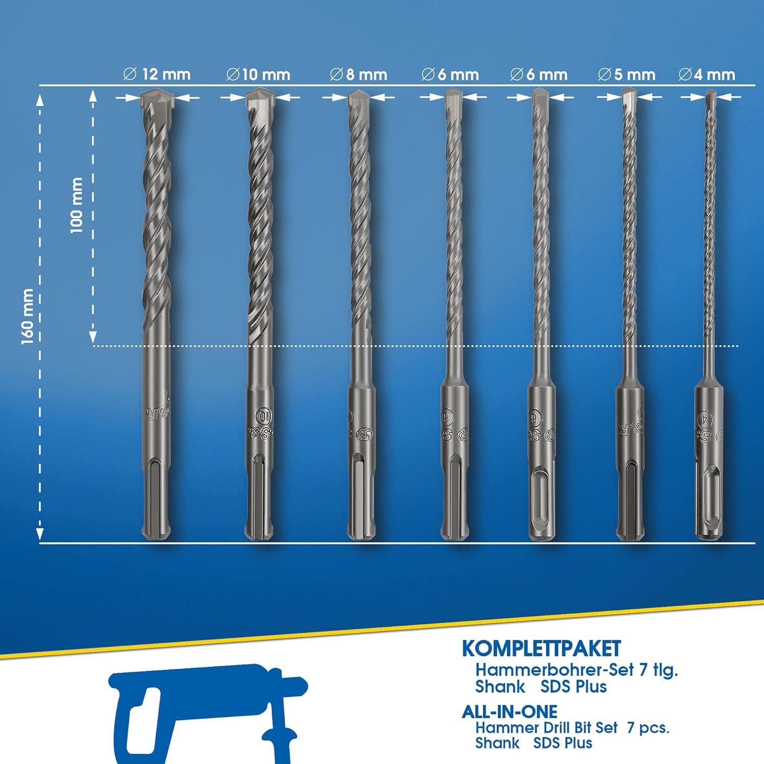 S&R Hammerbohrer Schlagbohrer SDS-Plus in Industriequalität, effiziente Doppelspirale, (Set, 7-tlg: 4-5-6-8-10-12 mm x 160 mm), für präzises Bohren in Beton, St – Bild 5 von 5