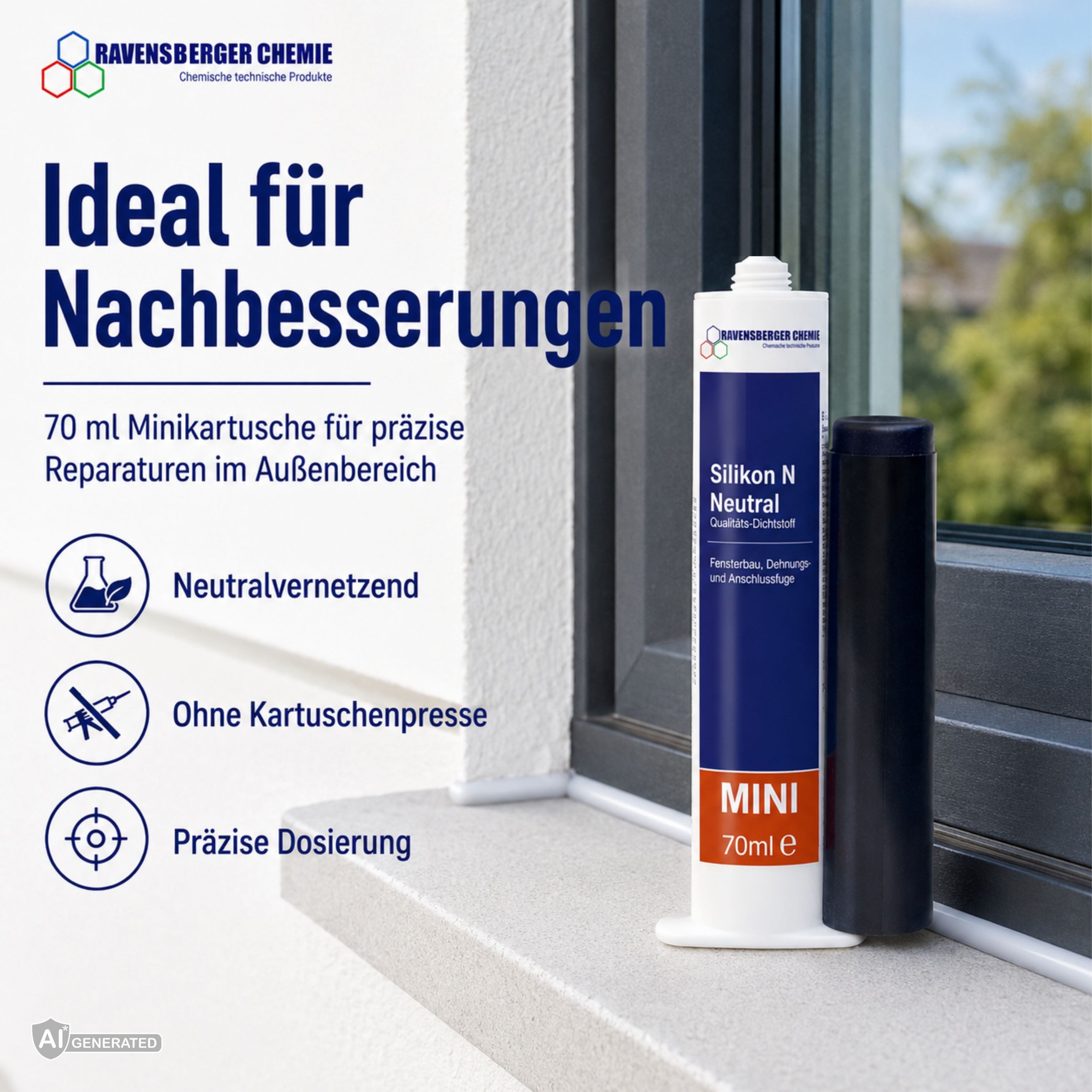 Ravensberger Chemie Silikon N - 70 ml Minikartusche - neutralvernetzend, Transparenter Dichtstoff, für Fenster, Fassaden & Anschlussfugen, wetterfest