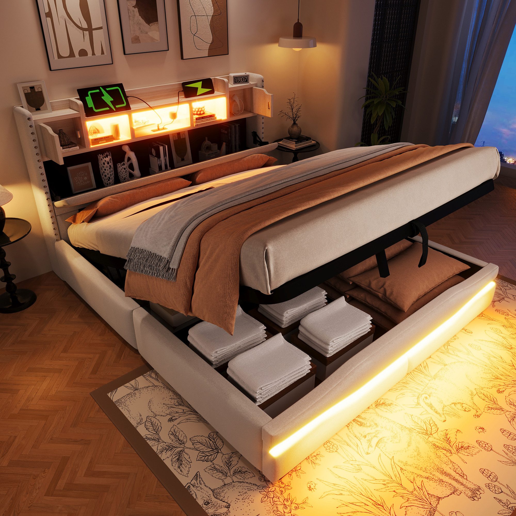 muvano Bett Polsterbett 160x200 Stauraumbett Beige mit LED USB Hydraulikbett