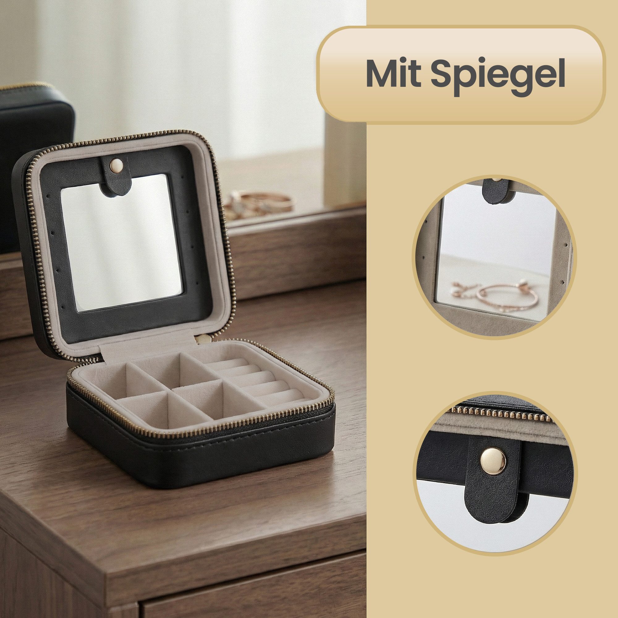 SONGMICS Schmuckkasten Reise, Schmuck-Reiseetui, Spiegel, Reißverschluss, Geschenkidee, Schmuckaufbewahrung tragbar, PU-Bezug, 11,4 x 11,4 x 6 cm – Bild 4 von 5
