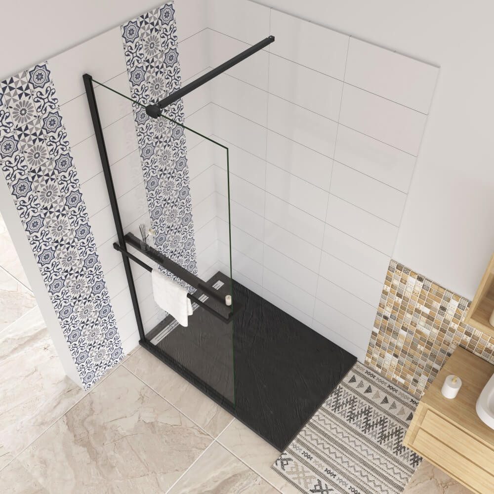 AICA Walk-in-Dusche 200cm 8mm Sicherheitsglas Schwarz walk in mit Handtuchhalter Duschwand, Einscheibensicherheitsglas, Glas