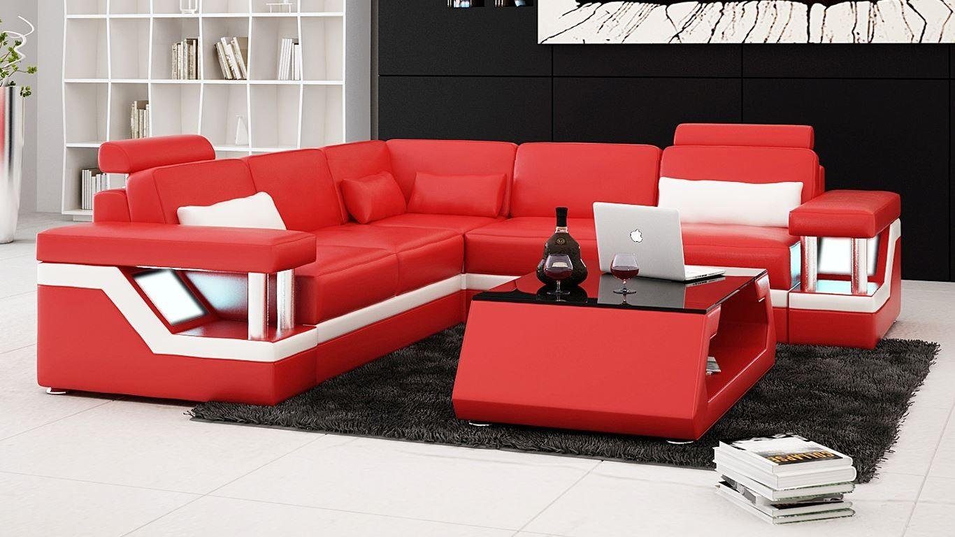 JVmoebel Ecksofa Designer Sofa Couch Ecksofa Leder Textil Polster Garnitur, Made in Europe Rot/Weiß