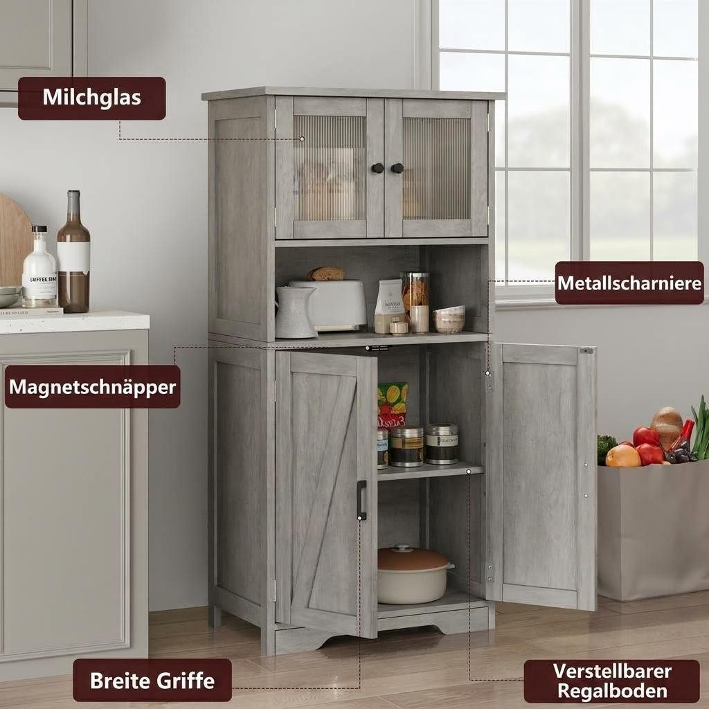 GarveeMore Hochschrank mit 4 Türen,Hochschrank Buffetschrank mit verstellbarem Einlegeboden Vitrinenschrank mit 4 Fächer für Küche Wohnzimmer Badezimmer,128cm