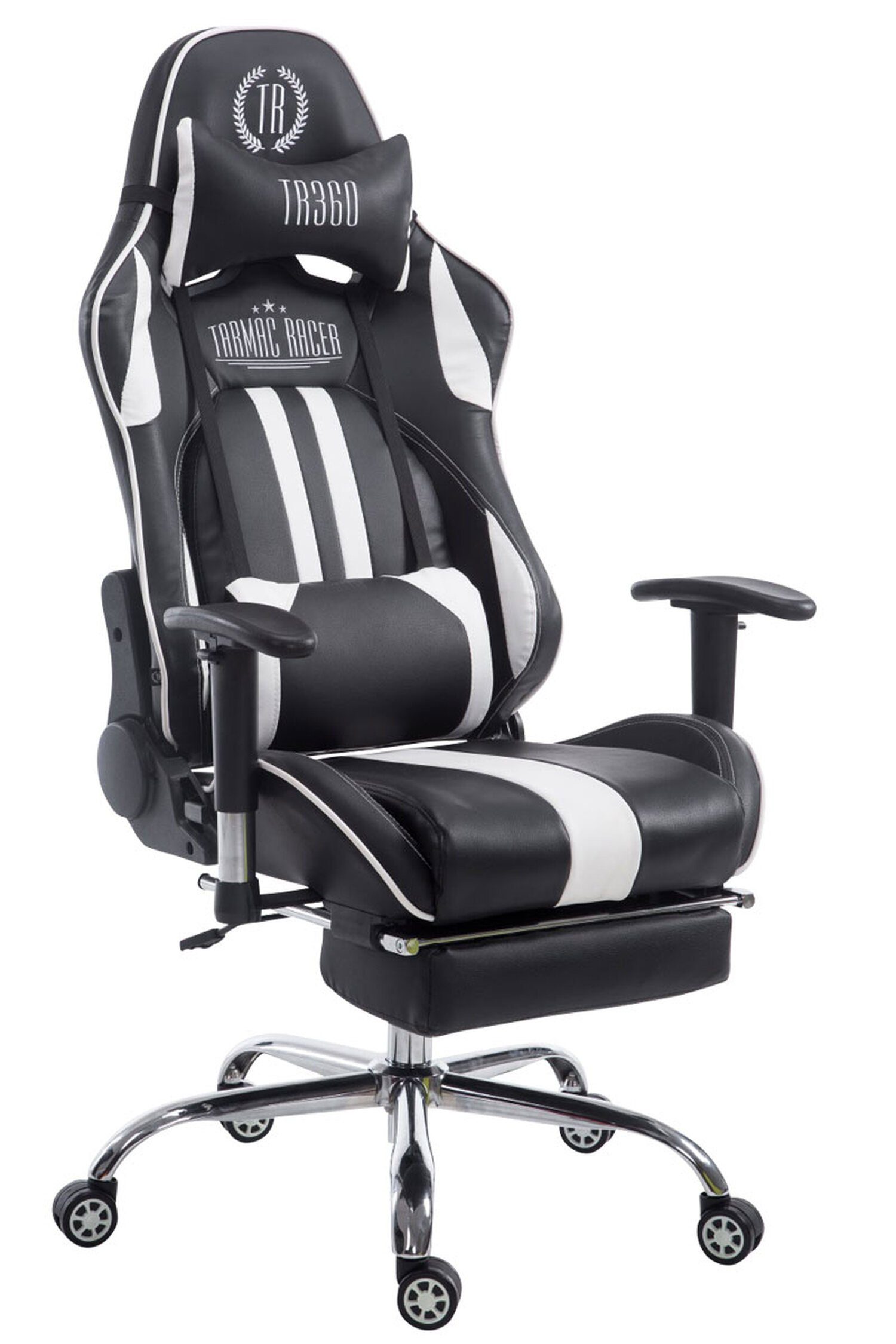 TPFLiving Gaming-Stuhl Limitless mit bequemer Rückenlehne - höhenverstellbar und 360° drehbar (Schreibtischstuhl, Drehstuhl, Gamingstuhl, Racingstuhl, Chefsessel), Gestell: Metall chrom - Sitzfläche: Kunstleder schwarz/weiß