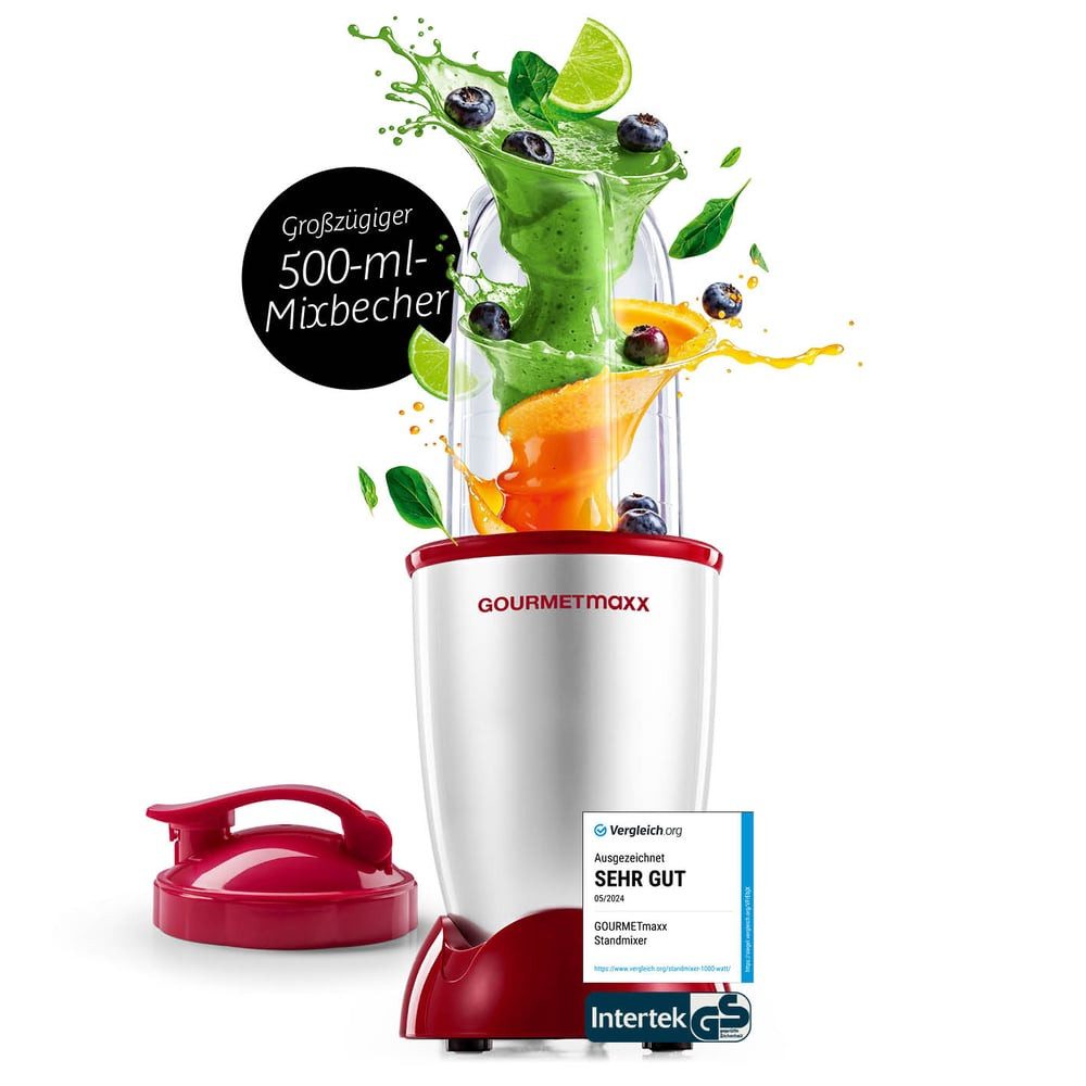 GOURMETmaxx Standmixer Mr. Magic 4-tlg. 400W silber/rot, 400 W, Elektrischer Mini-Mixer 500ml pürieren Smoothies Shakes Cocktails