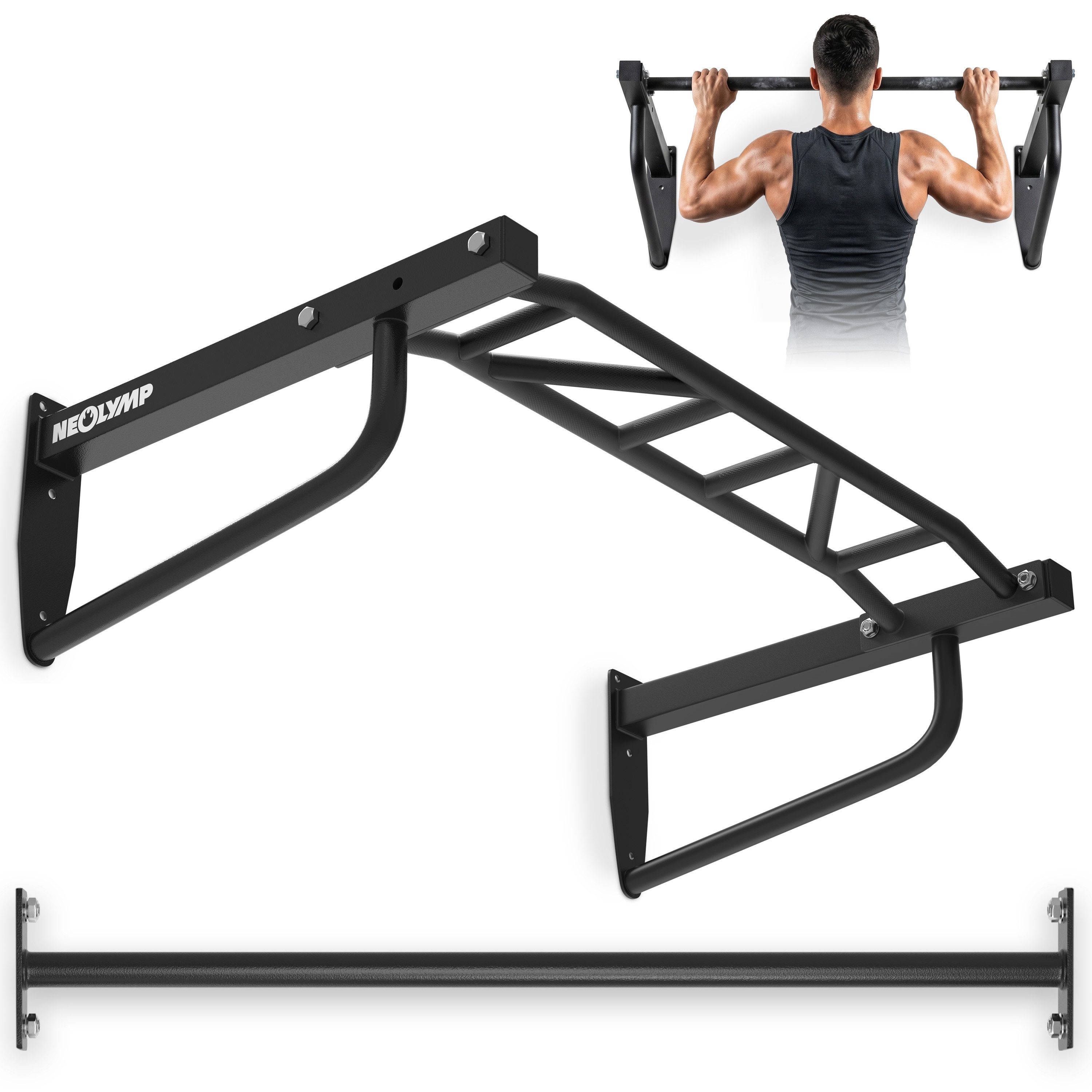 NEOLYMP Klimmzugstange Wand - 2 Stangen für Muscle-Ups & Pull-Ups - 76 cm Wandabstand & Stahl (Pull up Calisthenics Human Flag Klimmzugstation Outdoor Stahl Garten), Klimmzugstange Wand Outdoor wetterfest - Pull Up Bar Wandmontage