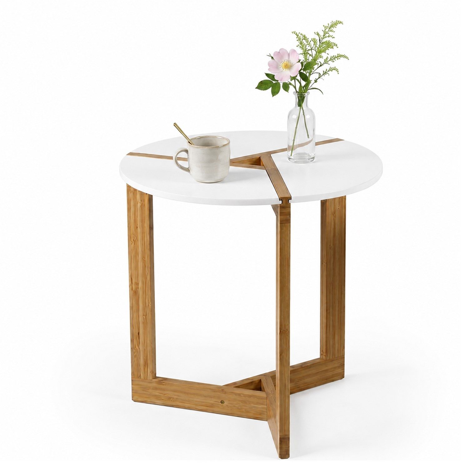 HOOZ Beistelltisch Bambus Sofatisch rund – Couchtisch Set Wohnzimmer Weiß-Natur Ø 50 cm (Einzelteil, 1-St., bestehend aus einem Kaffeetisch), Stilvoller Satztisch aus Bambus für Wohnzimmer und Schlafzimmer