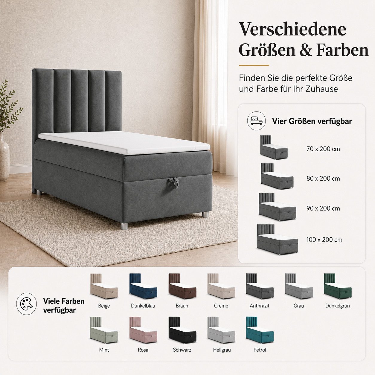 Best for Home Boxspringbett Trinity K10 SINGLE mit Bettkasten & Bonellfederkern, Komfort Topper H3 (Einzelbett, Polsterbett gepolstertes Kopfteil, Jugendbett, Kinderbett versch. Größen, 1-St., 70x200 80x200 90x200 100x200 cm), Stauraum unter dem Bett; Ergonomischer Schlafkomfort; Massivholzrahmen