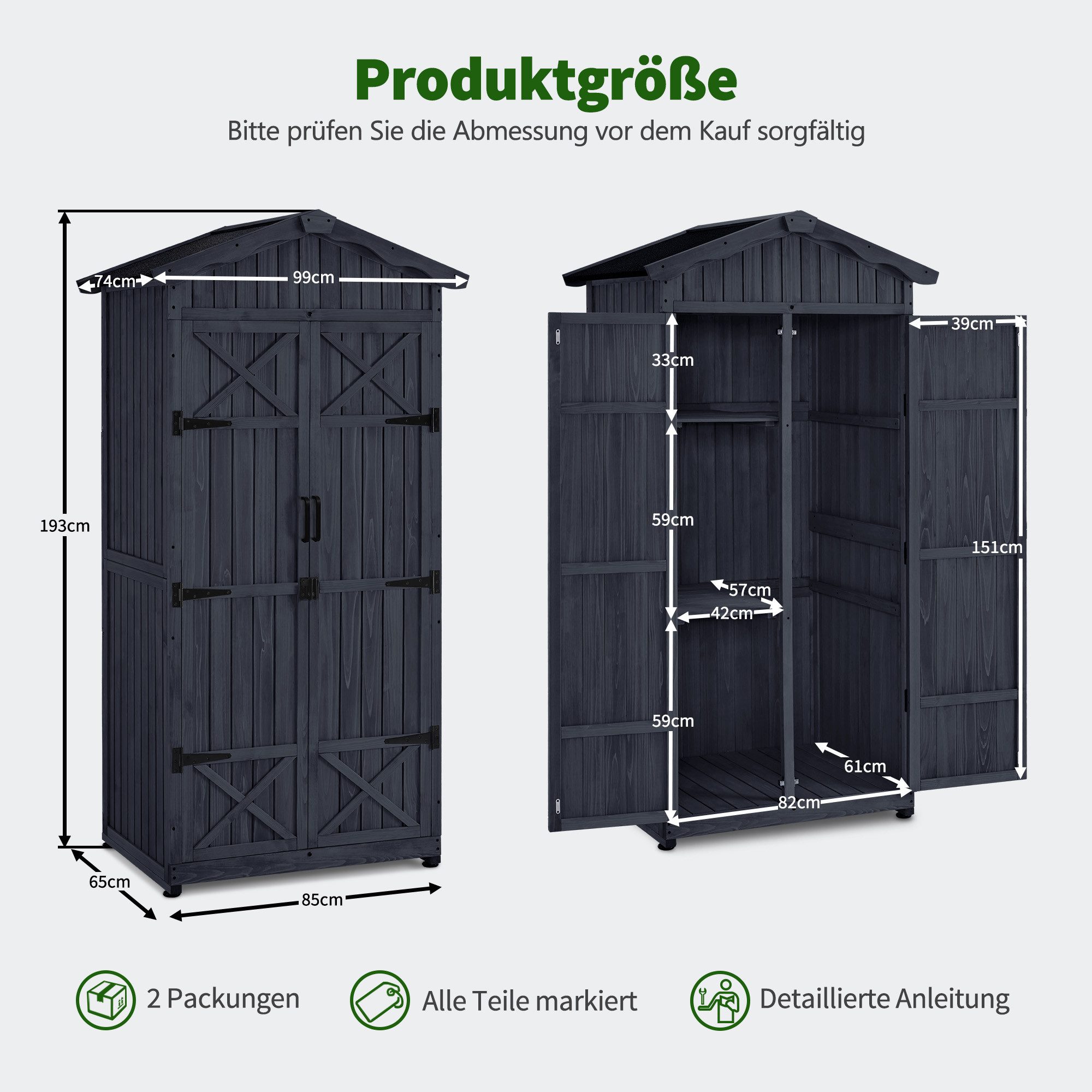 MCombo Gerätehaus M MCombo Gartenschrank Gartenhaus Holz 1165GY, Outdoor Wetterfest mi 2 Regale, mit Verschlussriegel