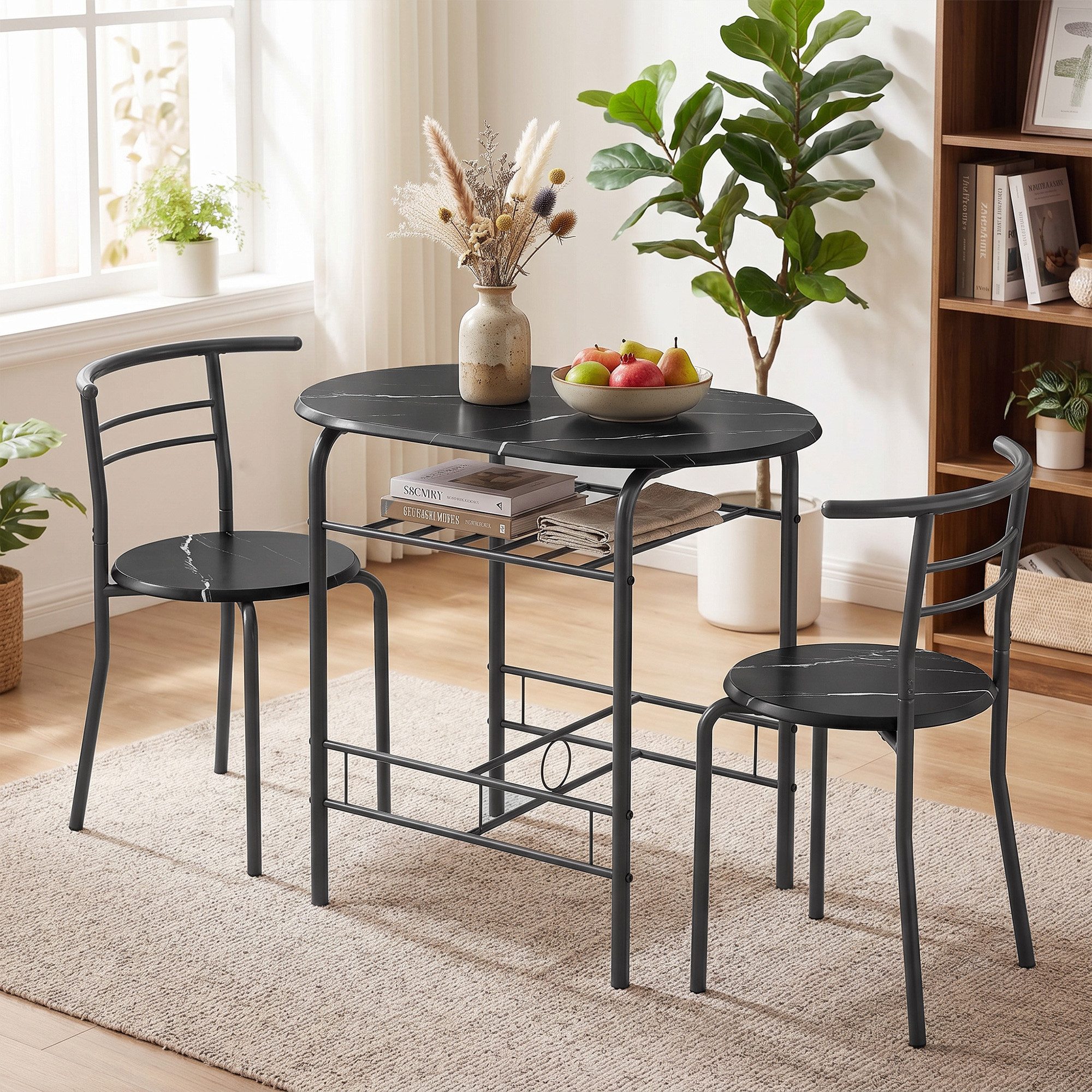 OKWISH Essgruppe Tischgruppe 3-teilig für 2 Personen Marmor Optik Schwarz, (Möbelset für Essbereich, Küche und Wohnzimmer, 3-tlg., 1 Tisch 2 Stühle), Küchentisch mit Stühlen und integriertem Regal