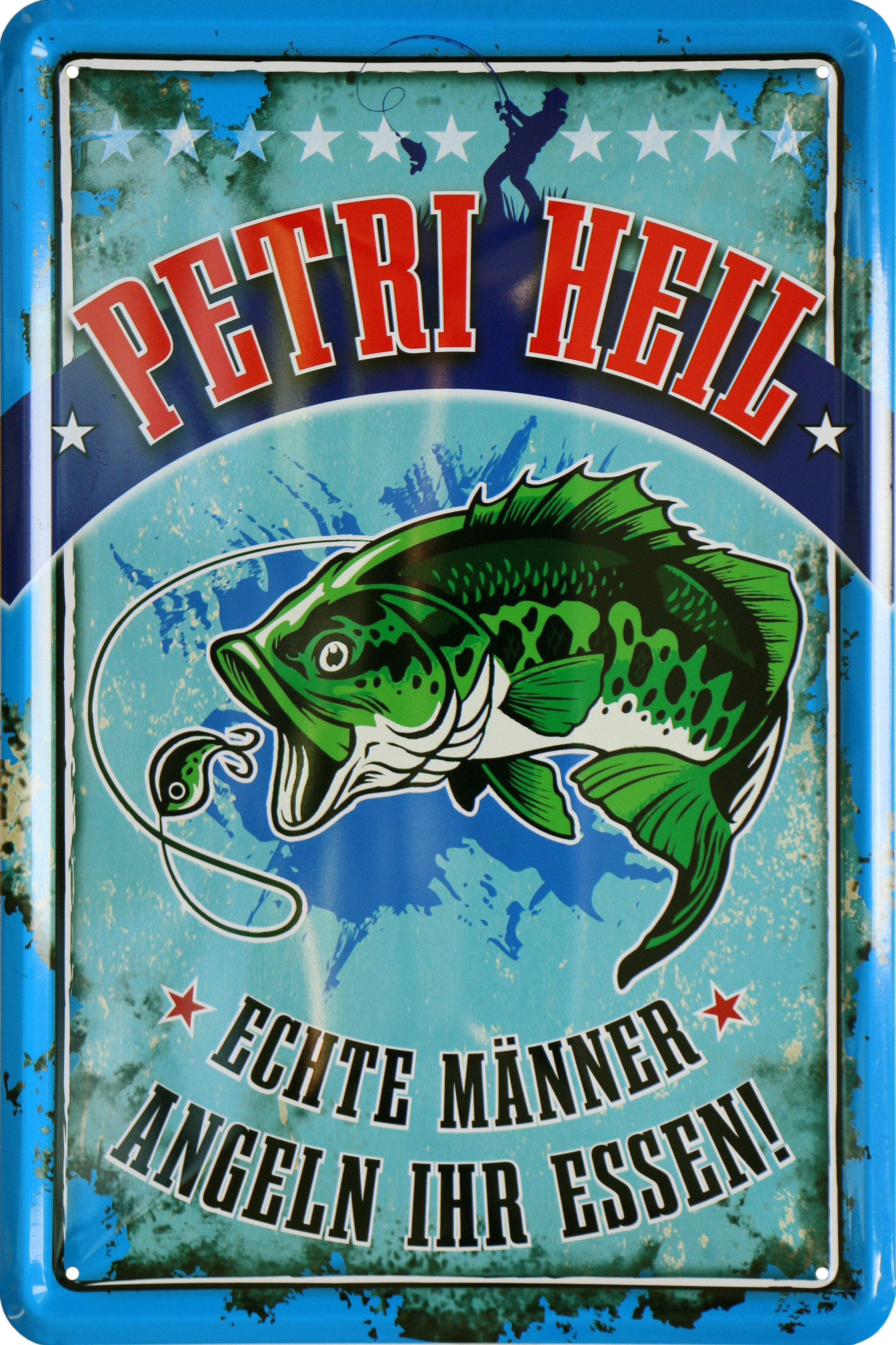 WOGEKA ART Metallbild Petri Heil - 20 x 30 cm Retro Blechschild Angler Fisch, Metallschild Wanddeko Spruch Schild Wandbild Anglerheim Fischen